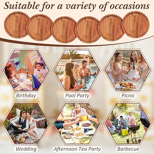 Miniatura 4 de Dandat 16 platos llanos de madera de acacia de 6 pulgadas, platos redondos de madera de madera, platos clásicos ligeros hechos a mano, bandeja para