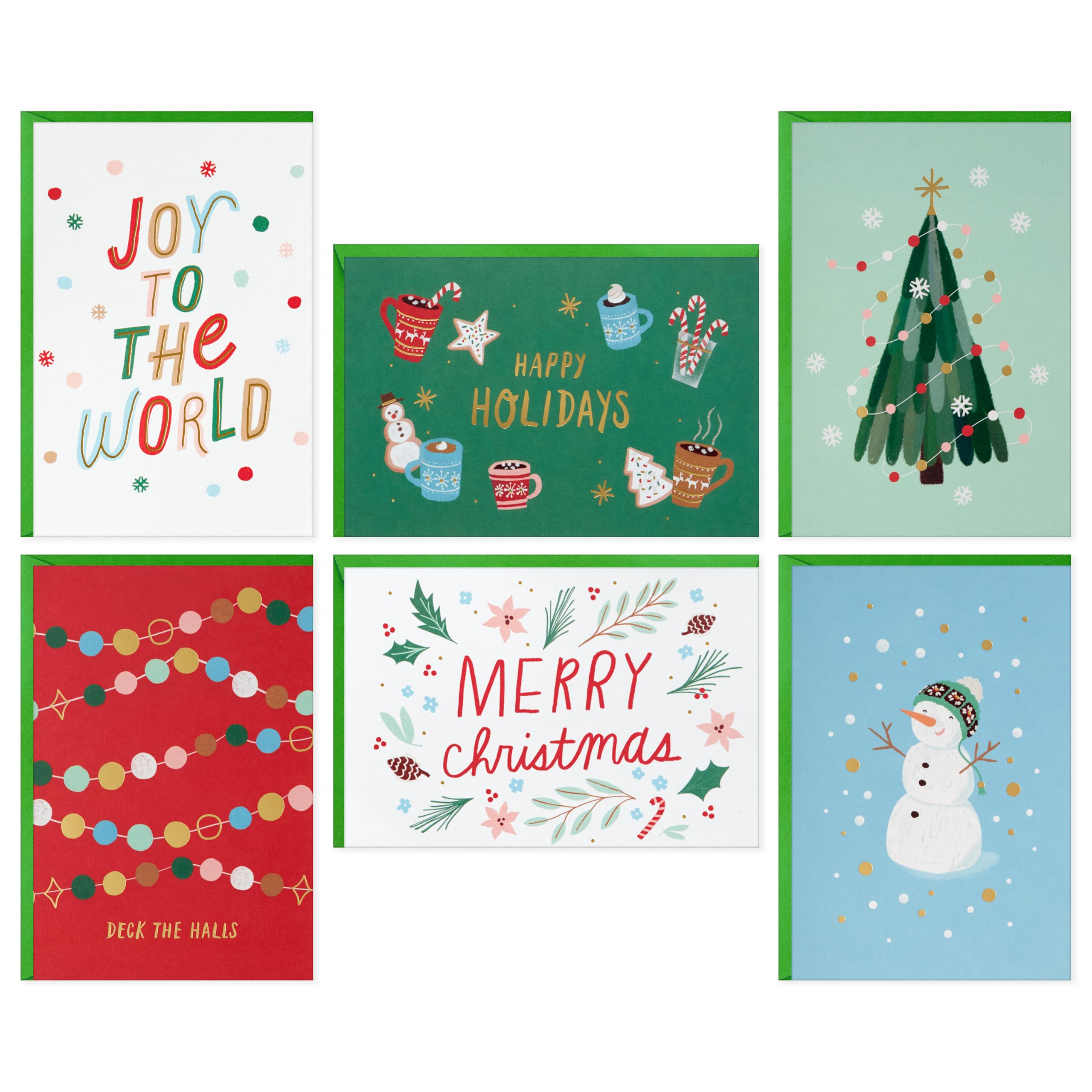 Hallmark Assortiment de cartes de Noël en vrac, icônes ludiques (72 cartes et 72 enveloppes) Joy to the World, Deck the Halls, bonhomme de neige, cacao, pommes de pin, arbre