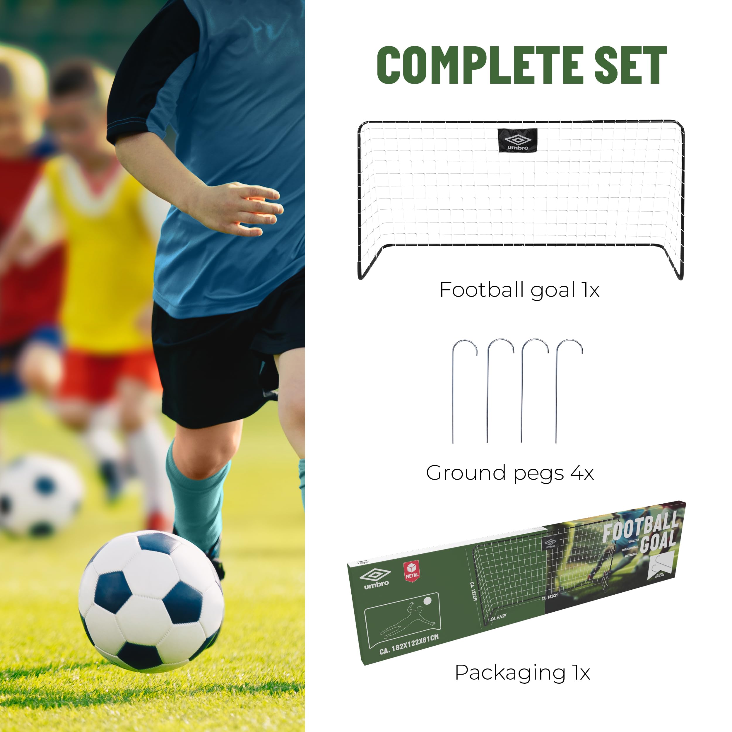 Umbro Porta da calcio – 182 x 122 x 61 cm – Metallo – Include 2 ganci da pavimento – Nero