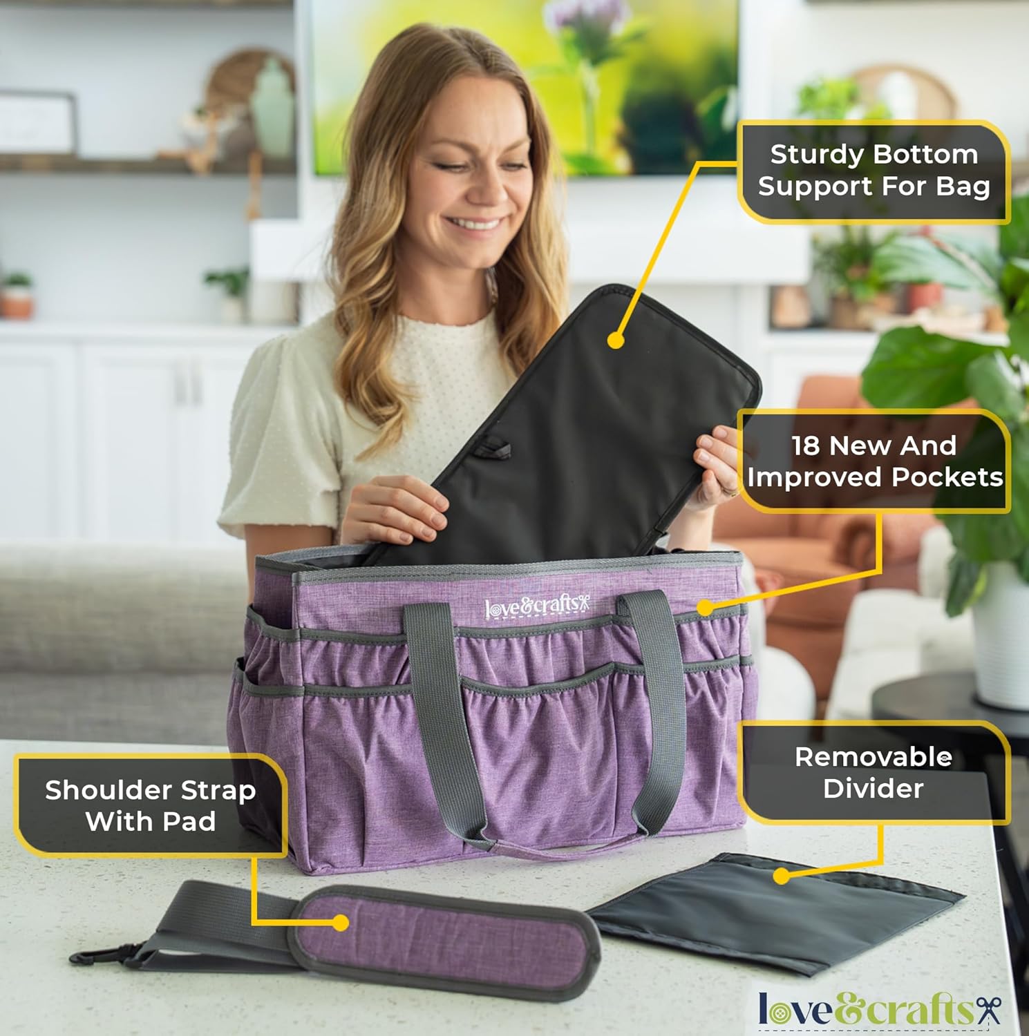 Large Craft Organizer Tote Bag - Art Bag 16 x 7.9 x 9.5 with Elastic Side Pockets to Keep Markers Tidy - Durable Craft Bag Organizer Tote - Caddy Organizer with Handle and Removable Divider (Purple)