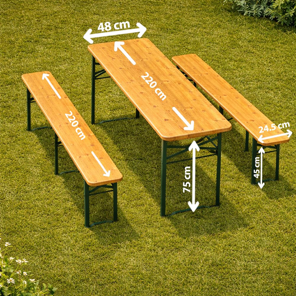 BAKAJI Set 3 Pezzi Birreria con Tavolo Pieghevole e Panche da Esterno, Struttura in Acciaio Comoda, Seduta Ergonomica e Resistente, Ideale per Giardino, Bar, Campeggio, Sagra (220 cm)