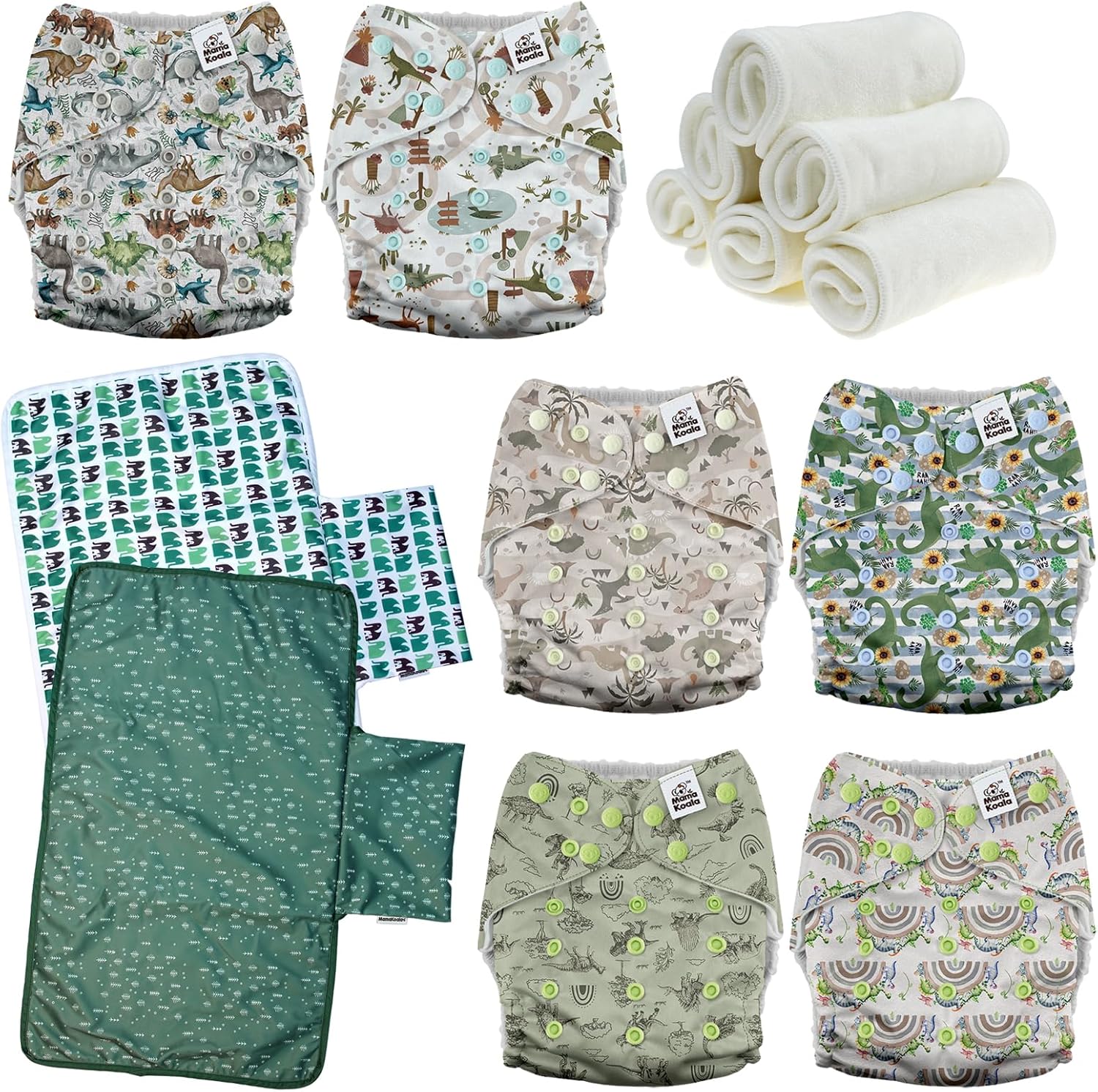 Mama Koala 3.0 Baby Cloth Diapers with 6 Inserts Bundle(Cute Dinosaurs), with 2 Pack Waterproof Changing Pad Liners