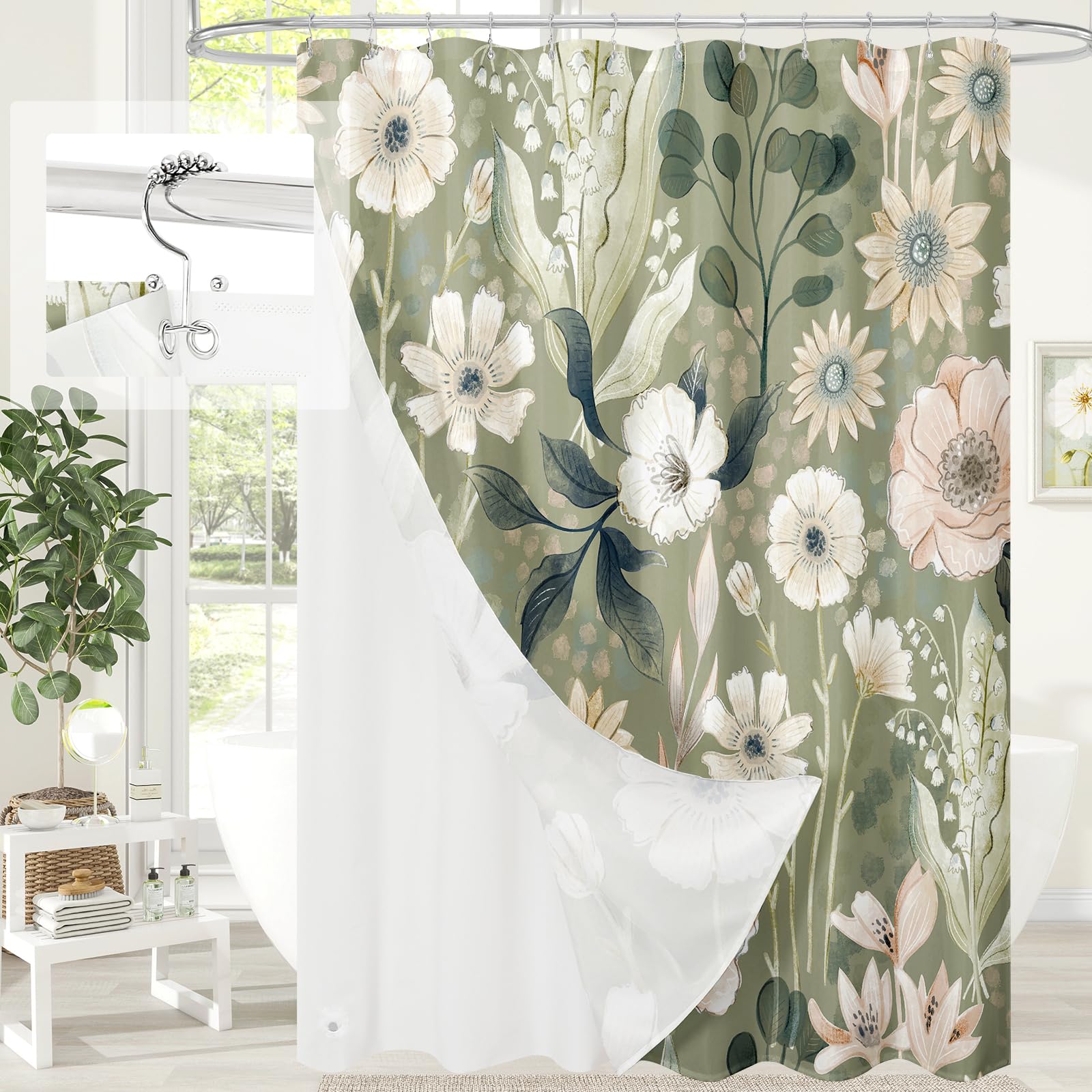 3 in 1 Green Floral Shower Curtain Set with PEVA Liner &amp; 12 Hooks, 72 x 72