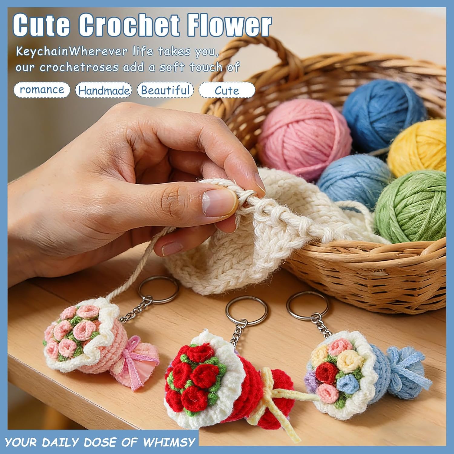 Cunno 10 Pcs Crochet Flower Bouquet Keychain Handmade Crochet Key Chain Bag Charm Phone Handbag Pendant Mother's Day Valentine's Day Birthday Gifts for Women Mom Wife