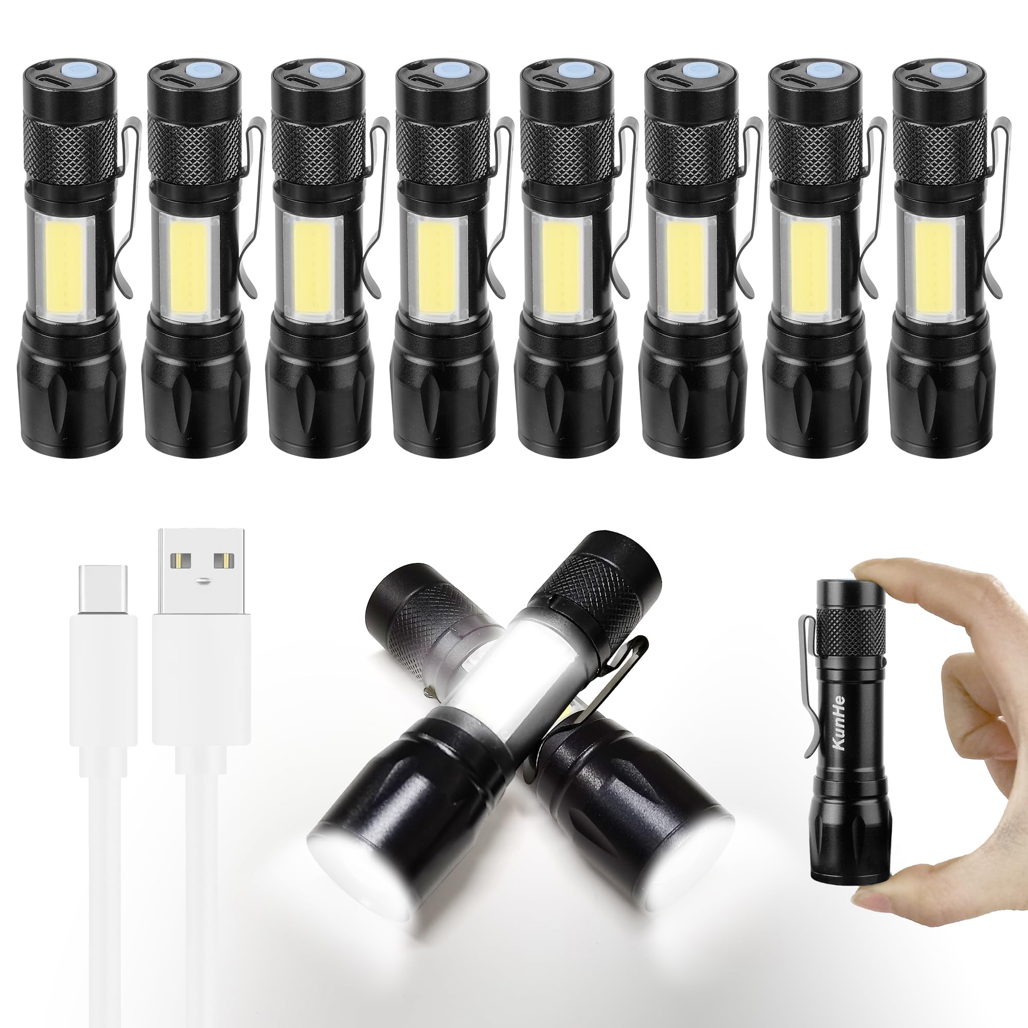 KunHe 10 Pack USB-C Rechargeable Mini LED Torch, Compact High Lumen EDC Flashlights with COB Side Light