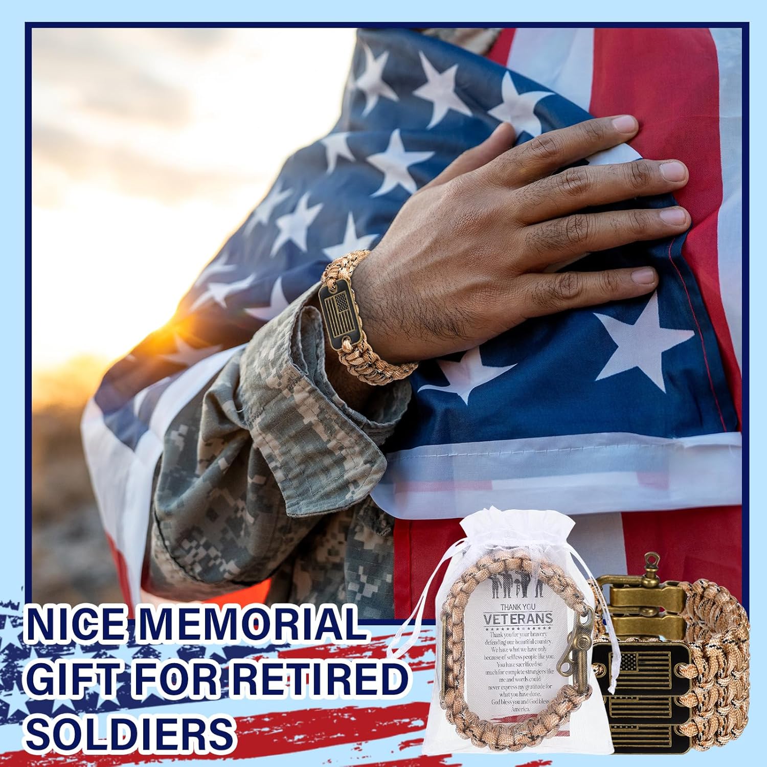 Tondiamo 10/20 Sets Veterans Day Paracord Bracelet for Men Military Army Tactical Survival Bracelet with Bronze USA Flag with Memorial Day Card Bulk Organza Bag