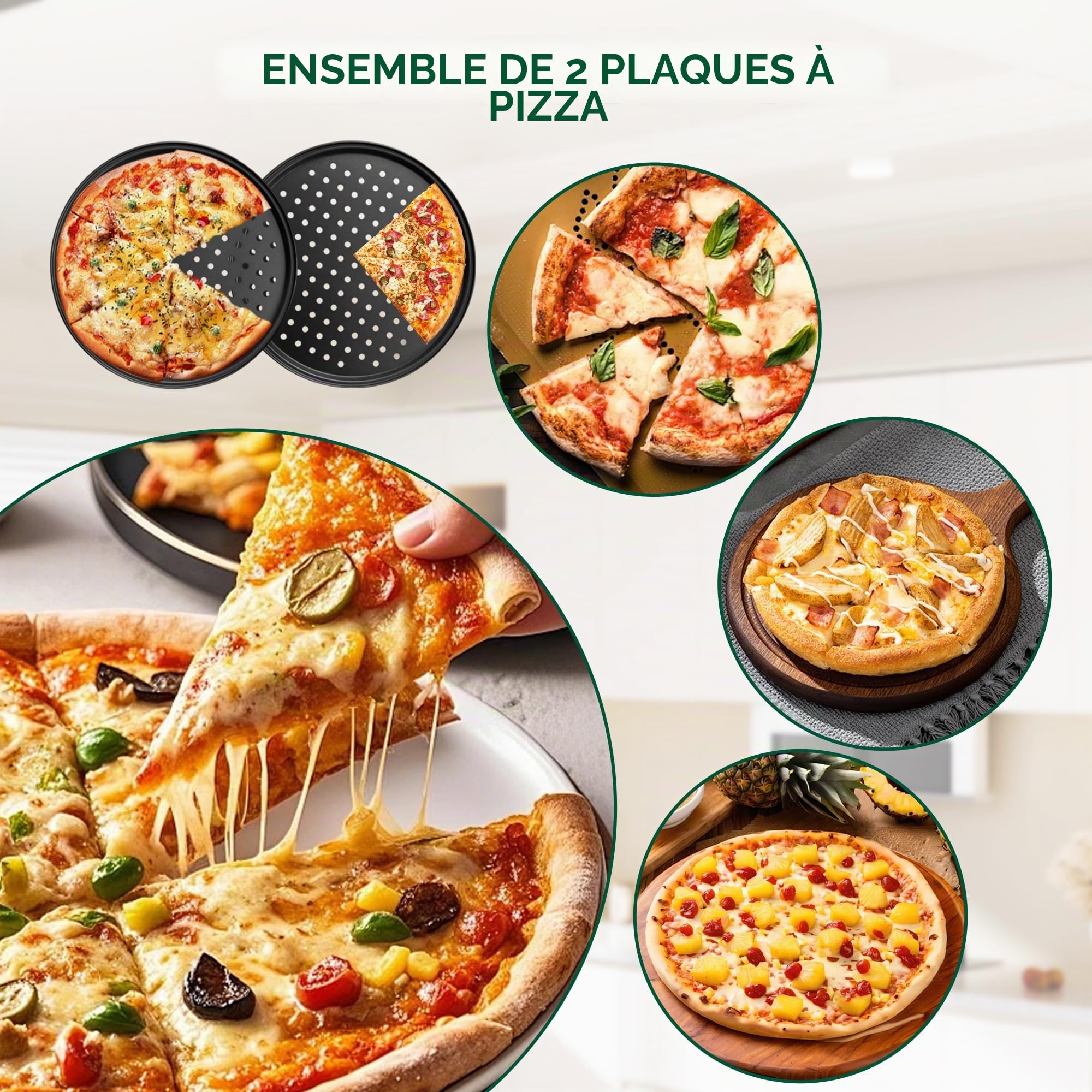 Lot de 2 plateaux à pizza avec trous, plaques à pizza antiadhésives, plaque de cuisson perforée en acier au carbone, plaque de four ronde pour la cuisson, 30 cm