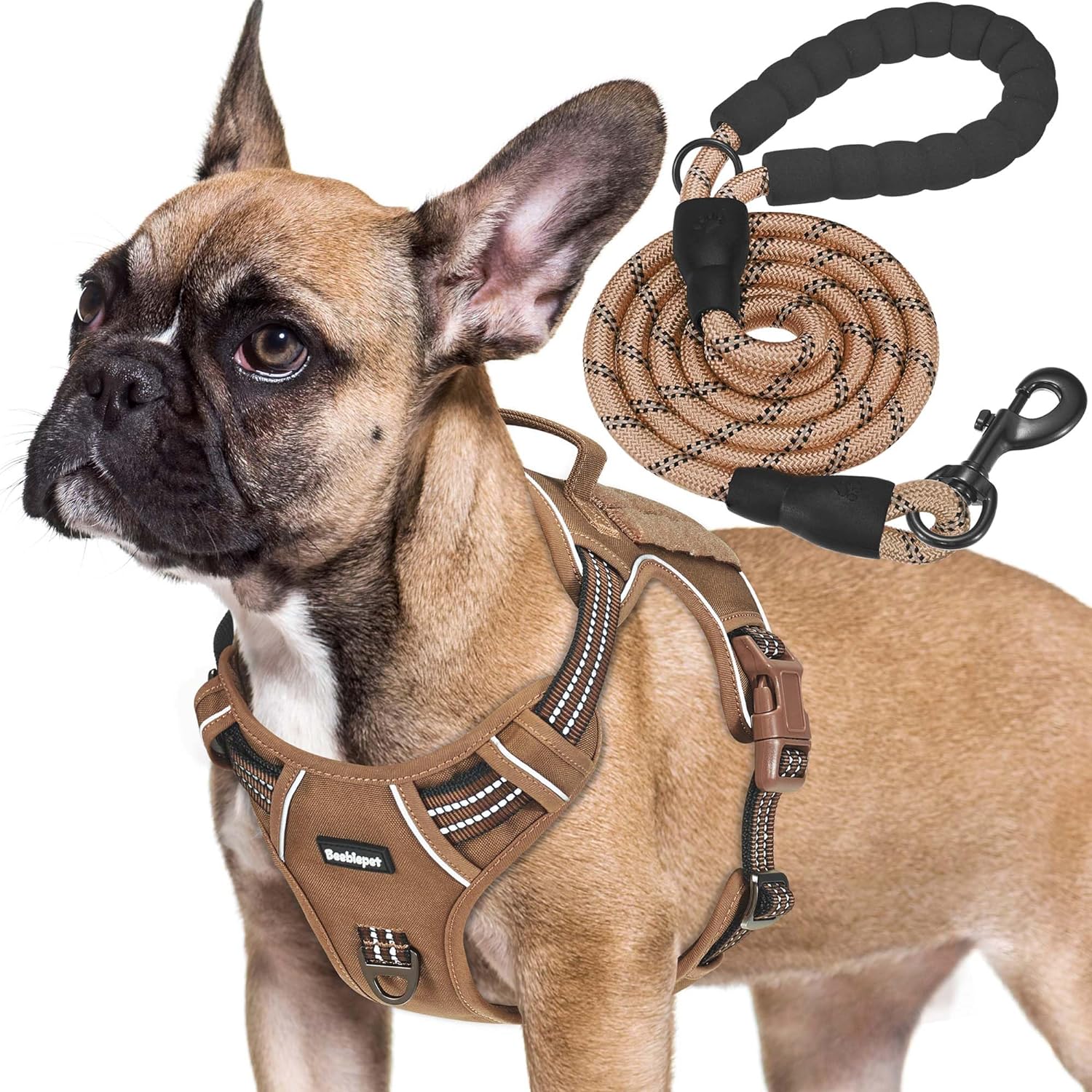 Heavy Duty Tactical Dog Harness for Medium Dogs, Brown, Molle System, Four-Point Adjustment, Anti-Lost ID Tag, Includes 5ft Leash Medium Brown