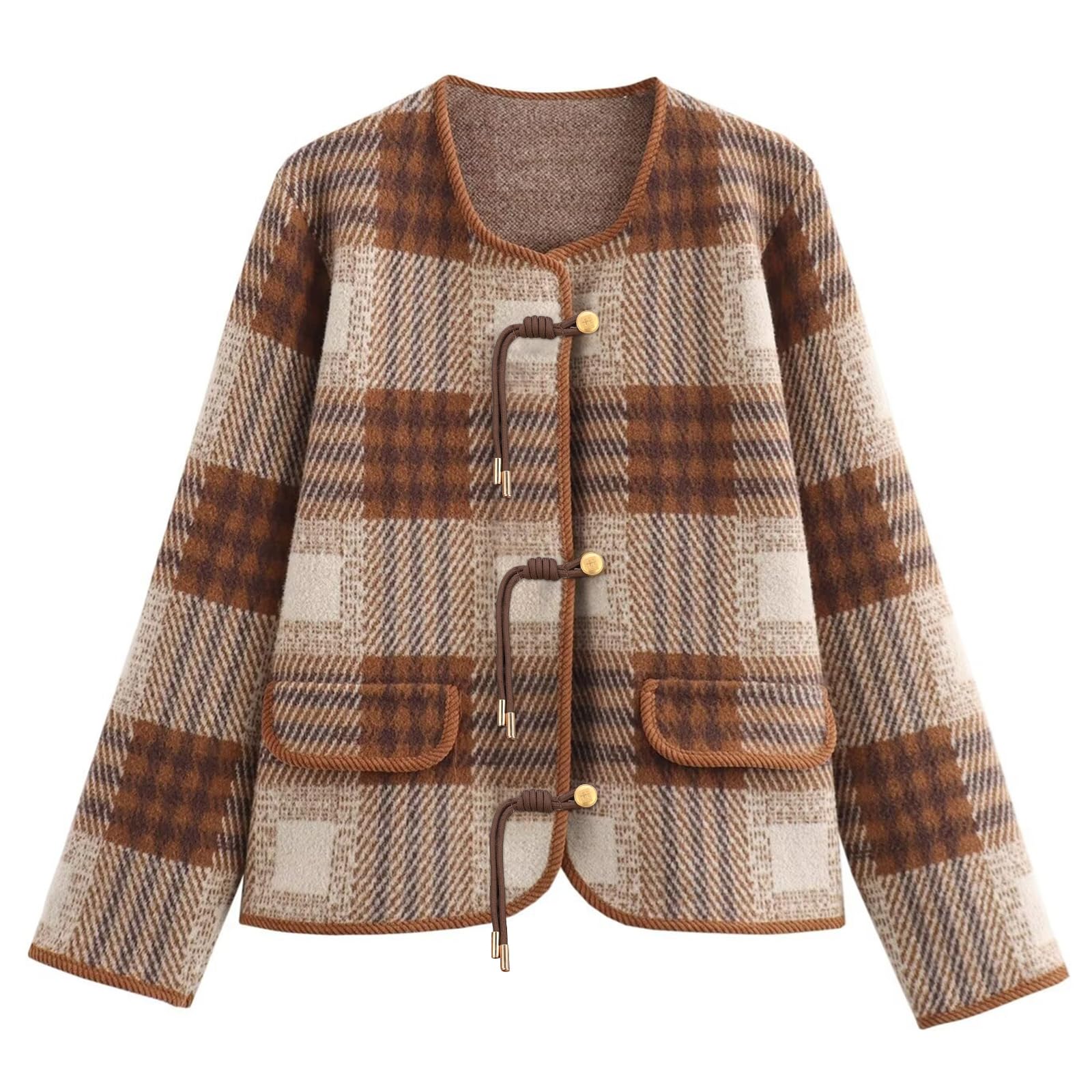 HOULENGS Womens Vintage Button Down Cardigan Sweater Plaid Print Long Sleeve Knit Coat Fall Fashion Outerwear with Pockets