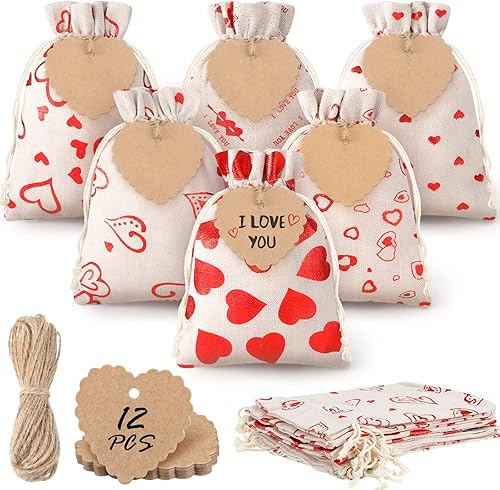 Bolsas de arpillera para el día de San Valentín, bolsas de arpillera con cordón de corazón, bolsas de muselina de lona de corazón de 5 x 7 pulgadas