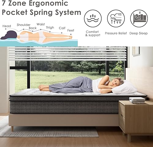 Miniatura 4 de Colchón de tamaño King, colchón híbrido firme de 12 pulgadas en una caja con espuma viscoelástica de gel, colchones de resortes en espiral