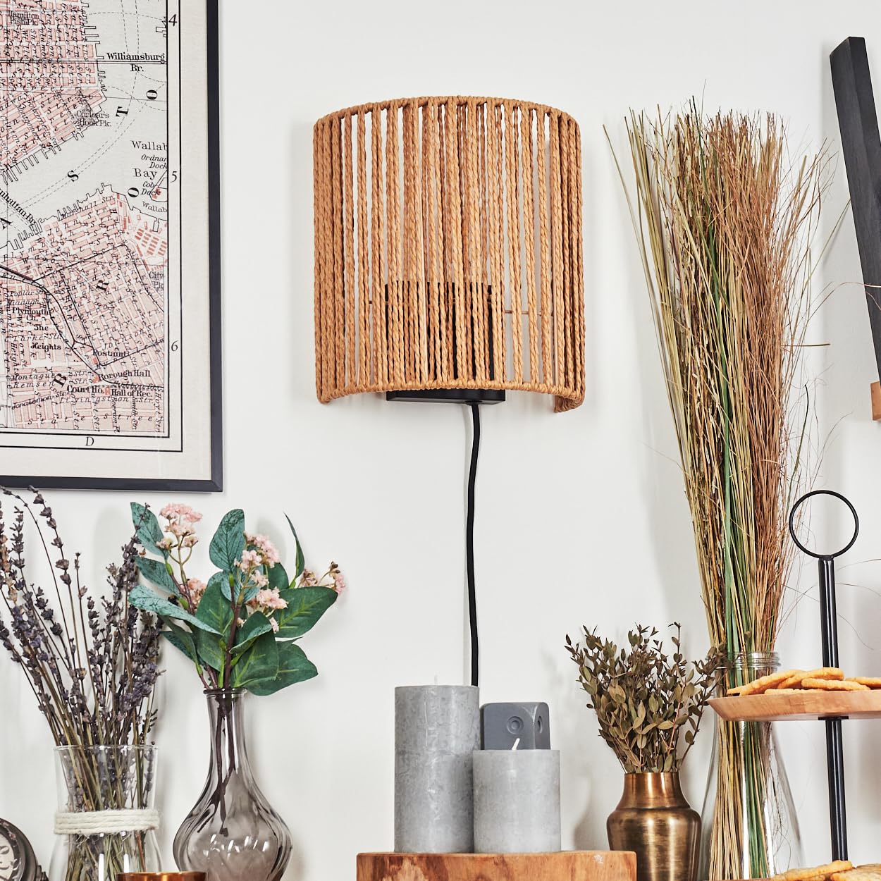 Wandleuchte Colmeal, Wandlampe aus Metall/Seil/Bast in Schwarz/Natur, Leuchte im Boho-Design, Wandleuchte mit Stecker und Schalter, abnehmbares Kabel, UP&Down Lichteffekt, 1x E27, ohne Leuchtmittel