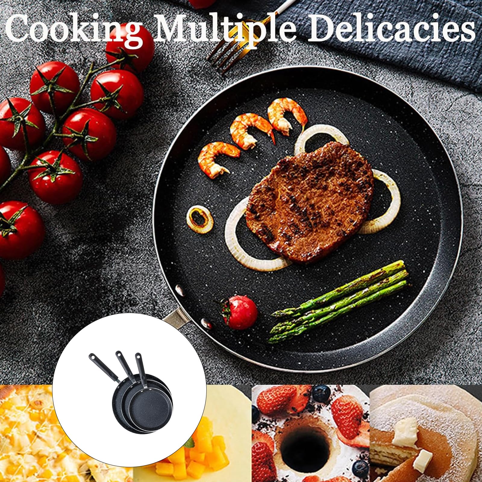 Juego de 3 sartenes antiadherentes con asa para panqueques, crepes y desayuno, sartén de aluminio, utensilios de cocina, hornear, sartén de desayuno