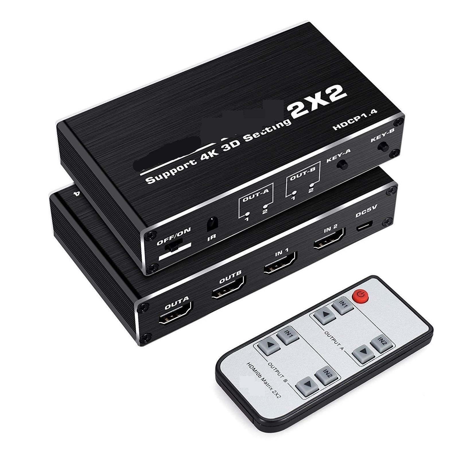 CUDTAPI 4K Switcher Matrix 2x2 2 In Out Switch Splitter Converter 30Hz HDCP1.4 With IR Remote Control