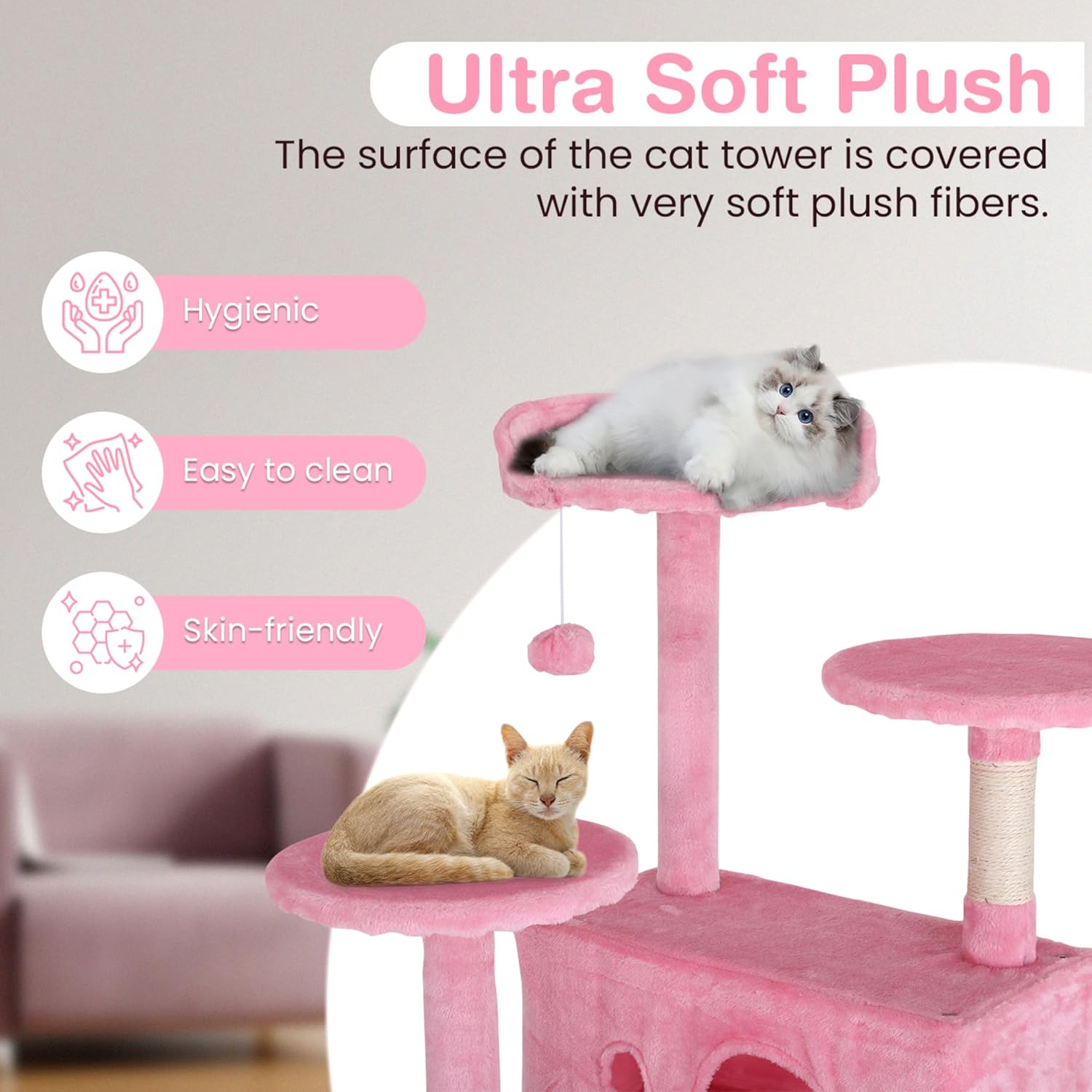 24/7 Shop at Home Court 54 inch Multi-Level Cute Cat Tree Tower with Dangling Ball and Scratching Posts for Indoor Cats Adults, Kitten Supplies, Pet House, Pink