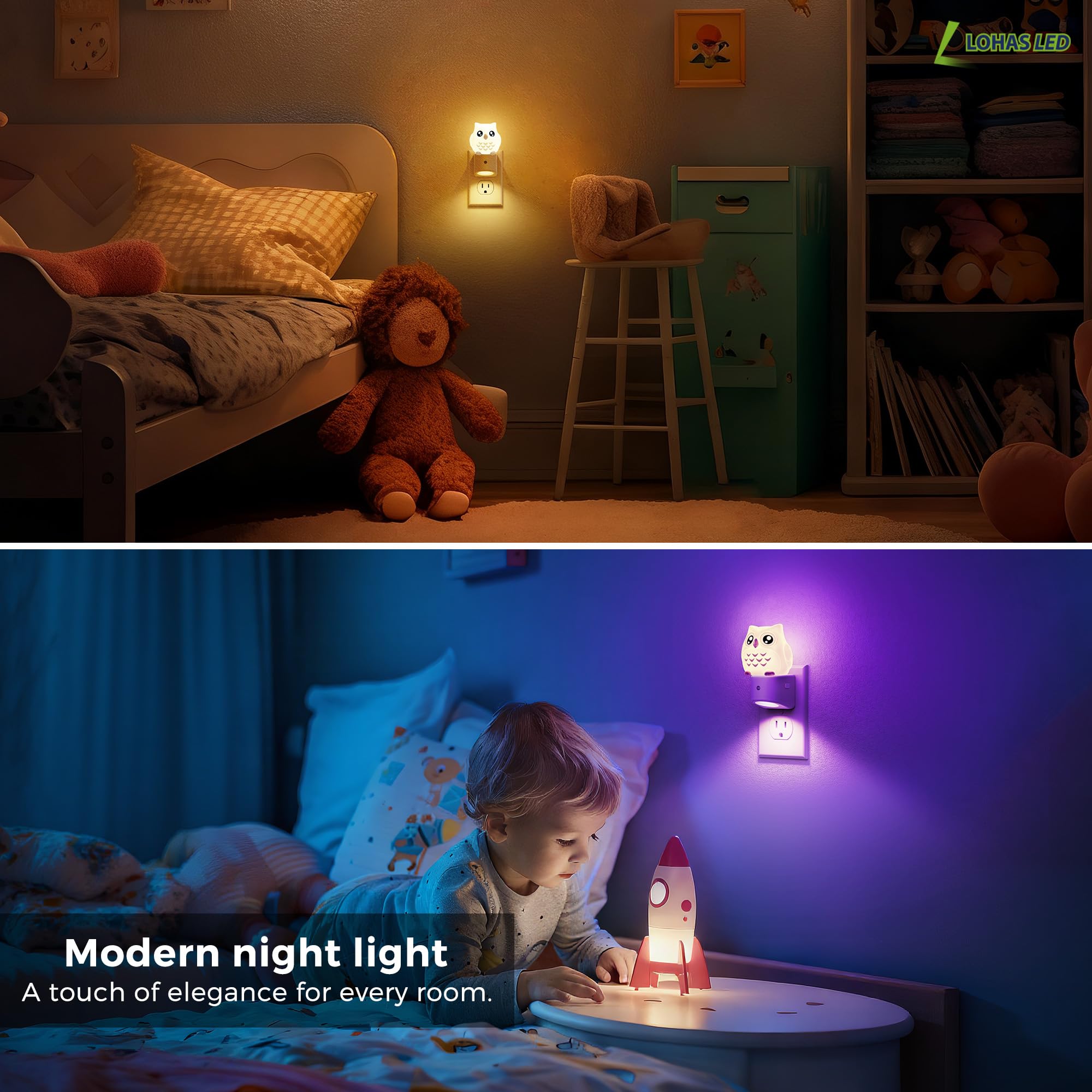 L LOHAS LED Nachtlicht für Kinder, 3D-Eulen-Nachtlicht zum Einstecken von Dämmerung bis Morgendämmerung, RGB+weiches Weiß 3000 K, 3 Beleuchtungsmodi, Raumdekoration, Kinder
