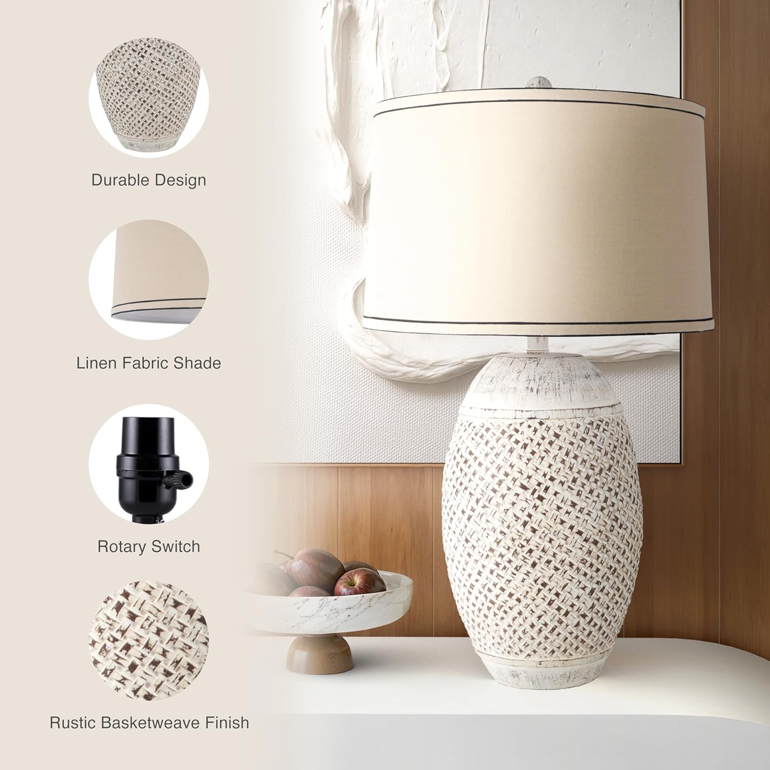 Abani Table Lamp Gaia Carved Lattice 27” – Coastal Cream Resin Base with Wheat Linen Shade – E26 Bulb Included – Elegant Desk Lamp for Bedroom, Living Room Lamp, Dorm or Nightstand