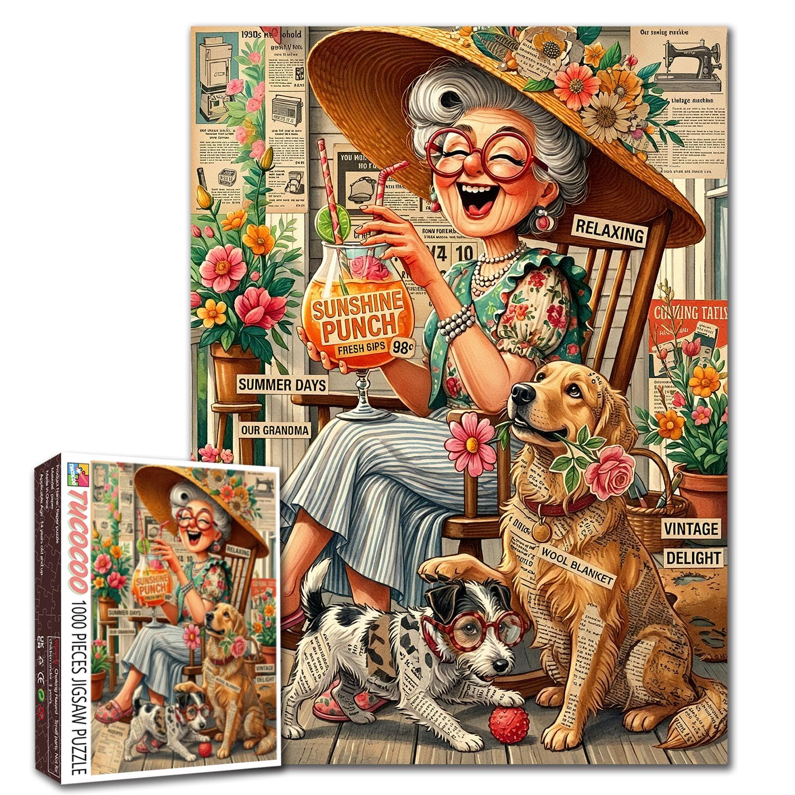 Vintage Grandma with Dogs Jigsaw Puzzle Adults 1000 Pieces Elderly Lady Drinking Puzzle Summer Garden Porch Scene 1000 Piece Puzzles for Woman Relaxing Activity Gift 19.7 x 27.6 Inches Home Decor