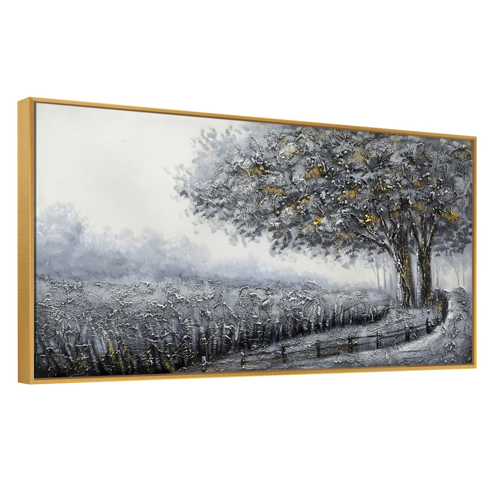 Modern Tree of Life Hand Painted Canvas Wall Art 100% Handmade Oil Painting Abstract Gray Blossom Gold Foil Heavy Texture Artwork for Walls Nature Landscape Wall Painting for Living Room 60x30 inch