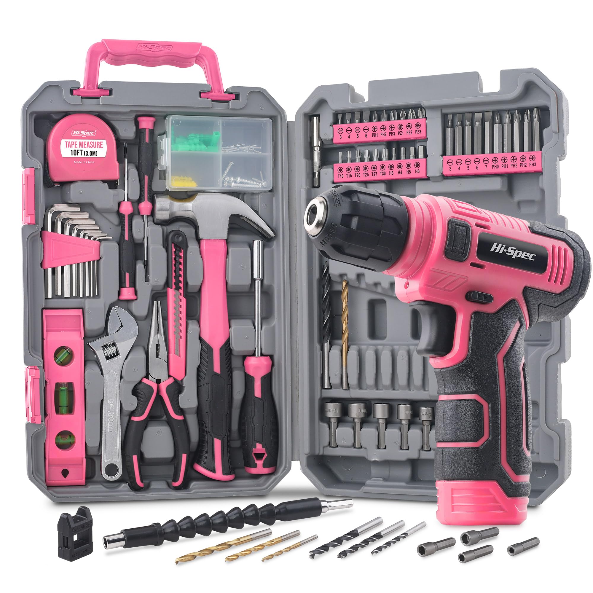Hi-Spec Set Attrezzi Rosa con Trapano 8V. Kit Completo Trapano Elettrico Ricaricabile USB Senza Fili per Donne, Riparazioni e Manutenzione Domestica Fai-da-Te, in Valigetta Compatta