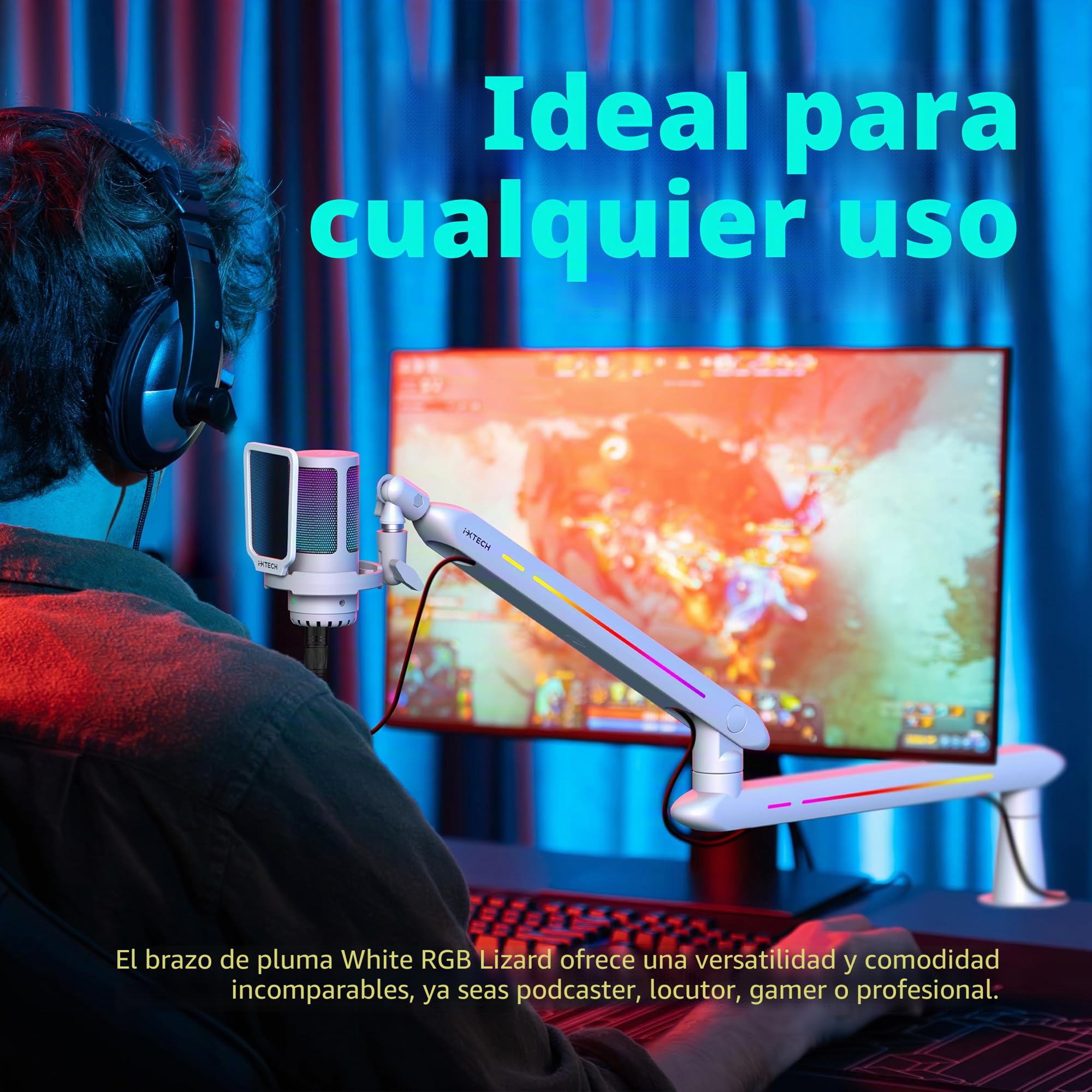 IXTECH Brazo de brazo RGB de perfil bajo para micrófono, soporte de brazo de micrófono ajustable con abrazadera de montaje en escritorio, soporte giratorio para micrófono con gestión de cables para