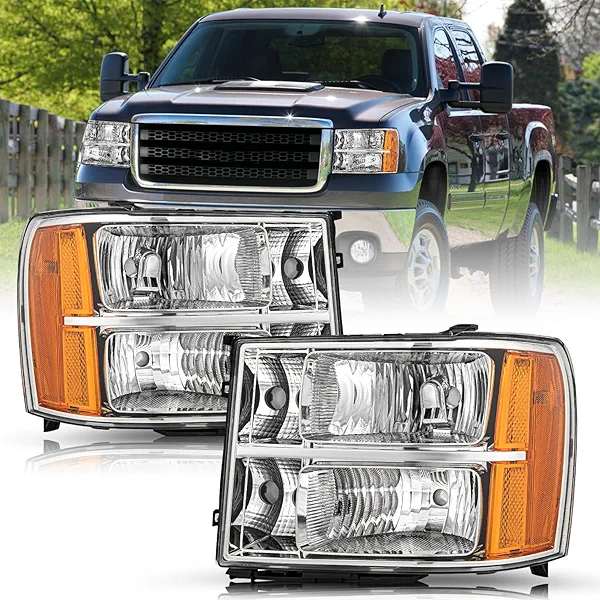 TUSDAR Fit for 2007-2013 GMC Sierra 1500 Headlight Assembly 07-14 GMC Sierra 2500 HD 3500 HD OE Factory Style Replacement LH+RH Chrome Housing&Amber Reflector