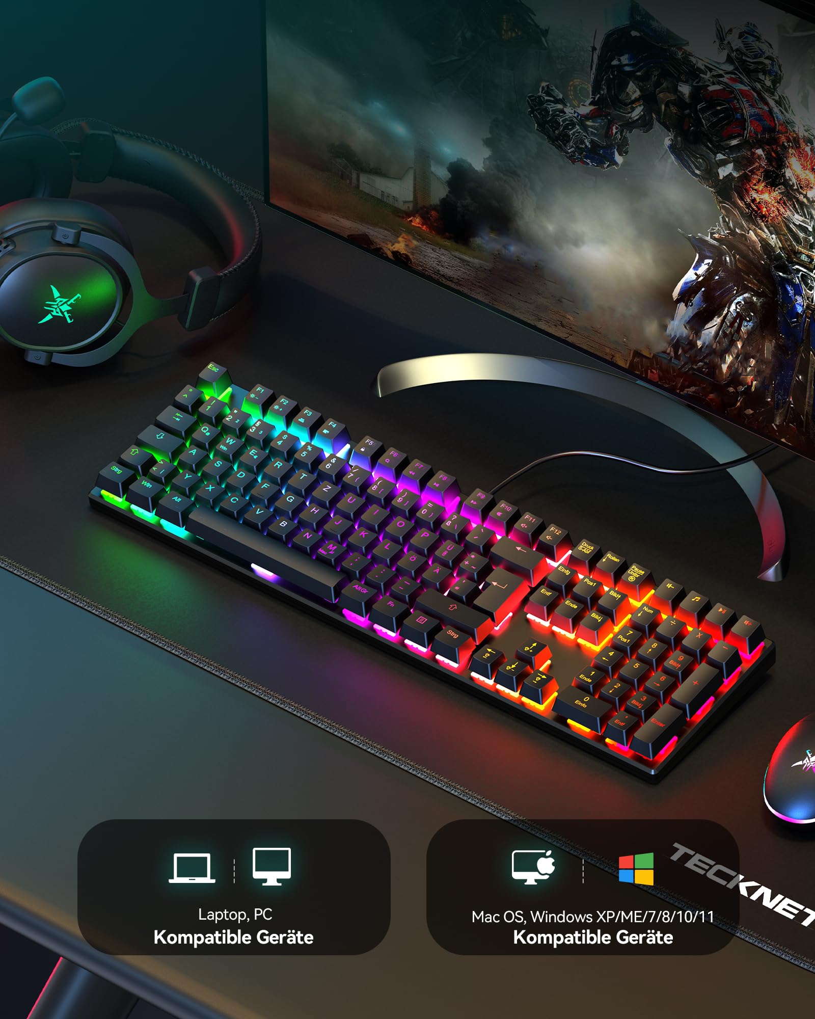 TECKNET Mechanische Gaming-Tastatur, QWERTZ-Tastatur (Deutsches Layout), roten Schaltern für Gamer & Büro, 109 Tasten kabelgebundene programmierbare Tastatur, Anti-Ghosting, 24 LED-Beleuchtungsmodi