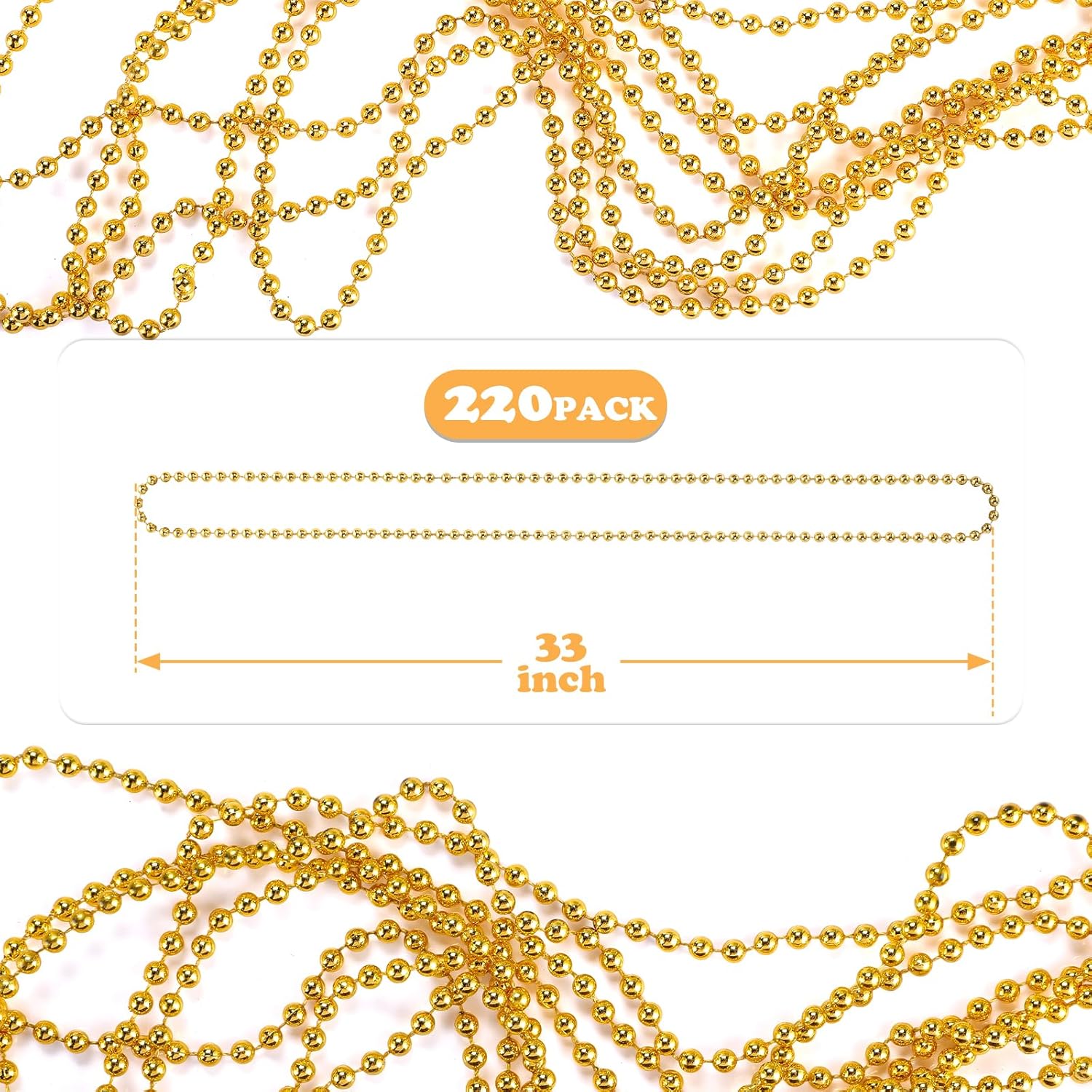 220 PCS Gold Bead Necklace, 33 Inch Mardi Gras Christmas Beads, Bulk Metallic Party Beads for Mardi Gras Parade, St Patricks Day, Wedding, Birthday, Pirate Party, Carnival Party Favors - Image 3