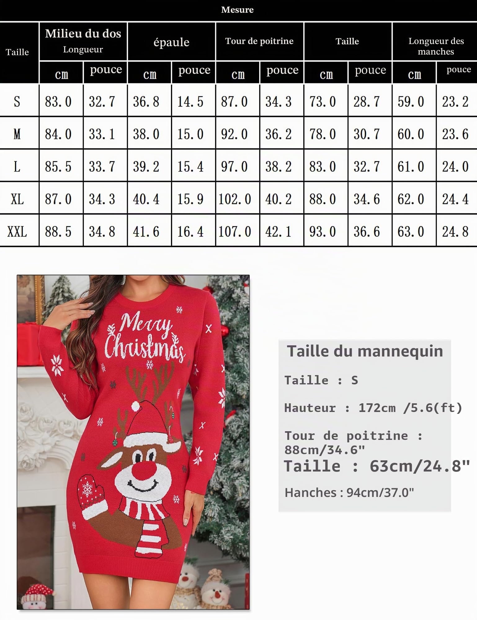 Gyabnw Robe Pull de Noël Femme Motif Renne Manches Longues | Maille tricotée, coupe ajustée, longueur genou, style festif pour l’hiver