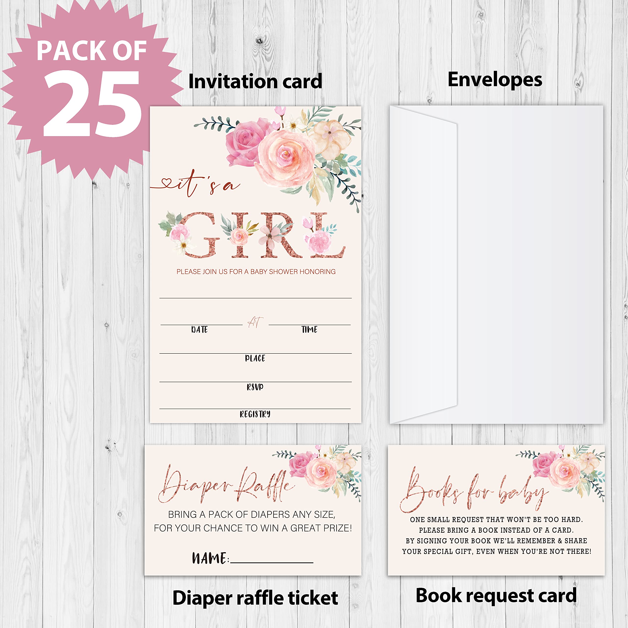 Blush Pink Floral Baby Shower Invitation Cards With Envelopes, Diaper Raffle Tickets, Baby for Book 100 piece set, Gender Reveal Party for Baby Boys & Girls, Gender Neutral Party Supplies/tz-a011
