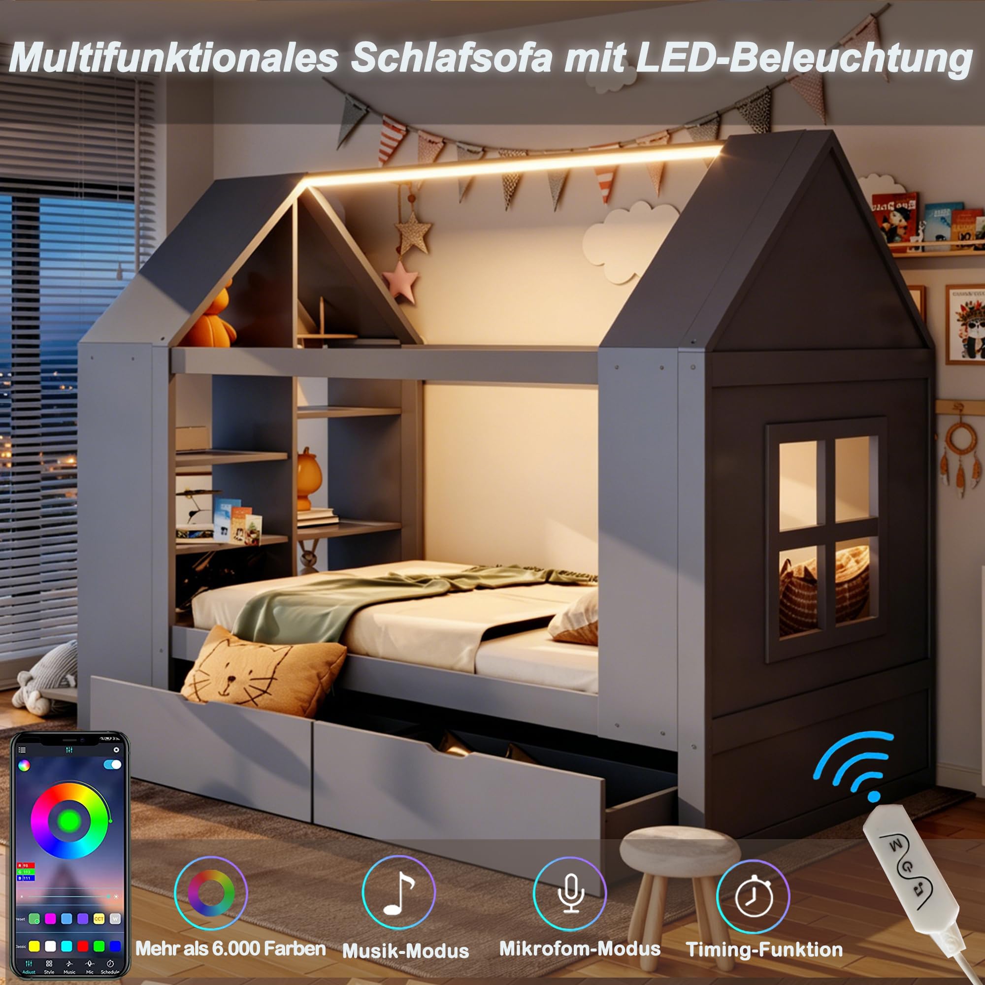 Cama Infantil Montessori 90x200 cm con LED, Compartimentos, 2 Cajones