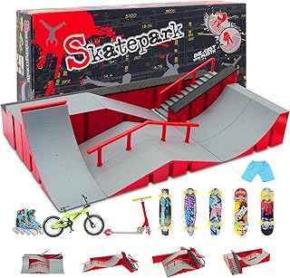 Finger Skateboard Park Kits (9 in 1),Finger Skateboard Ramp Set with 5 Fingerboards, Finger Scooter,Finger Bike,Finger Skateshoes and Finger Pants,Skateboard Toys Christmas Birthday Gift for Kids
