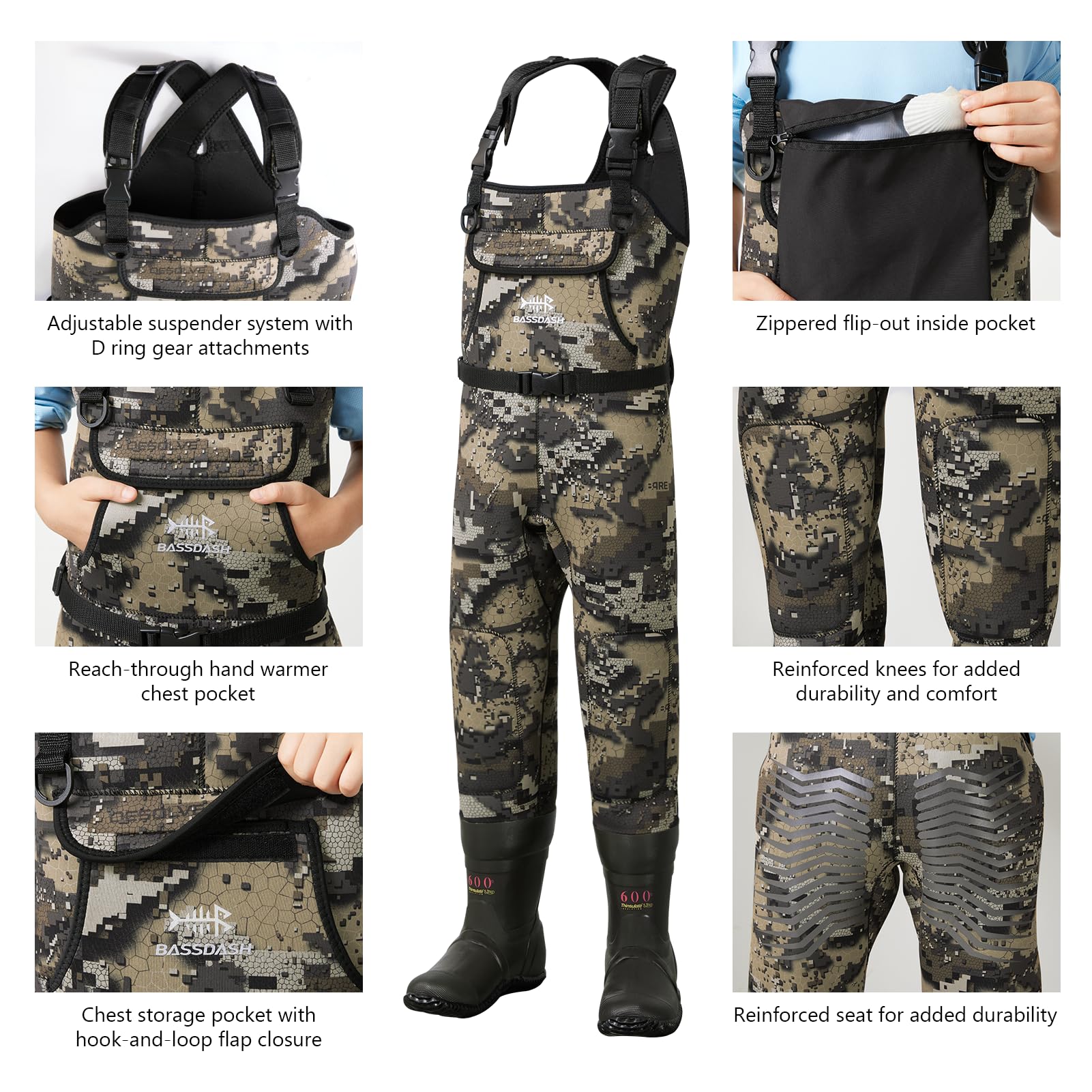 BASSDASH Trampolieri in neoprene per bambini, mimetici nudi, per pesca e caccia, con 600 g di piede in gomma isolata per bambini e ragazzi
