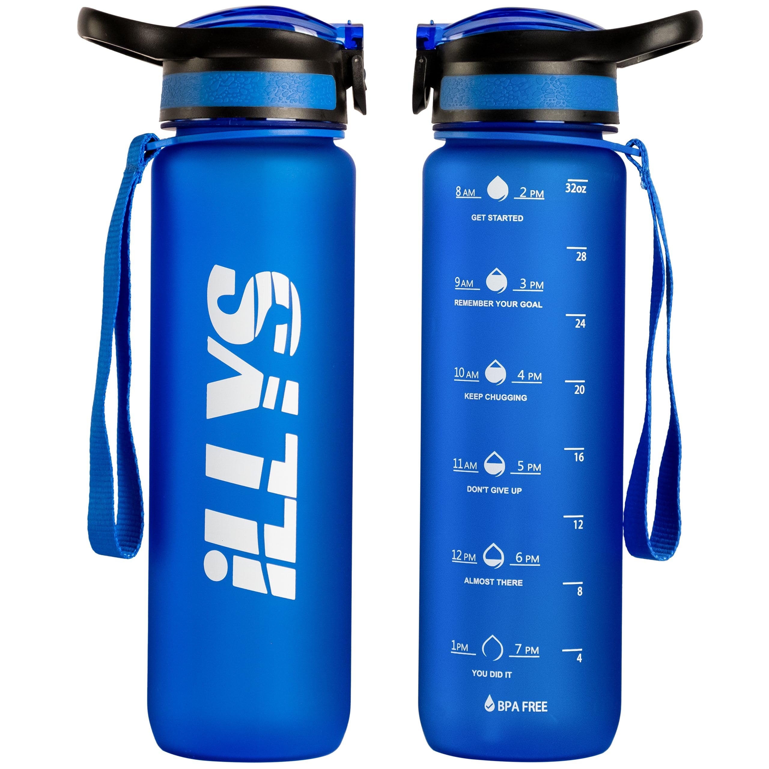 iLLYSMotivational Time Marker Strainer SK Plastic BPA-free Sport Water Bottle, 1L with Straw for Kids (Blue)