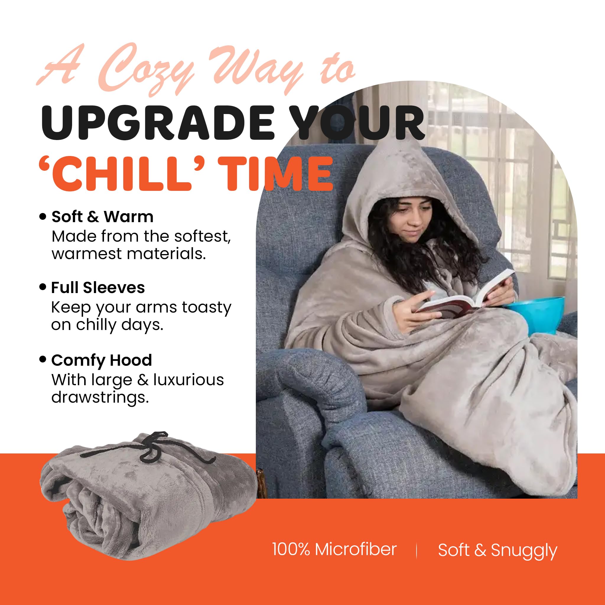 Mintra Home Wearable Blanket Hoodie, Soft, Warm & Cozy Snuggies for Women & Men, Hooded Blanket with Full Sleeves for Adults, One Size Fits All, 70in x 62in (Cream)