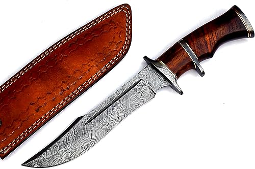 Miniatura 2 de Nooraki BK71 Cuchillo de caza de acero de Damasco hecho a mano con funda de cuero, cuchillo multiusos con mango de palisandro para transporte