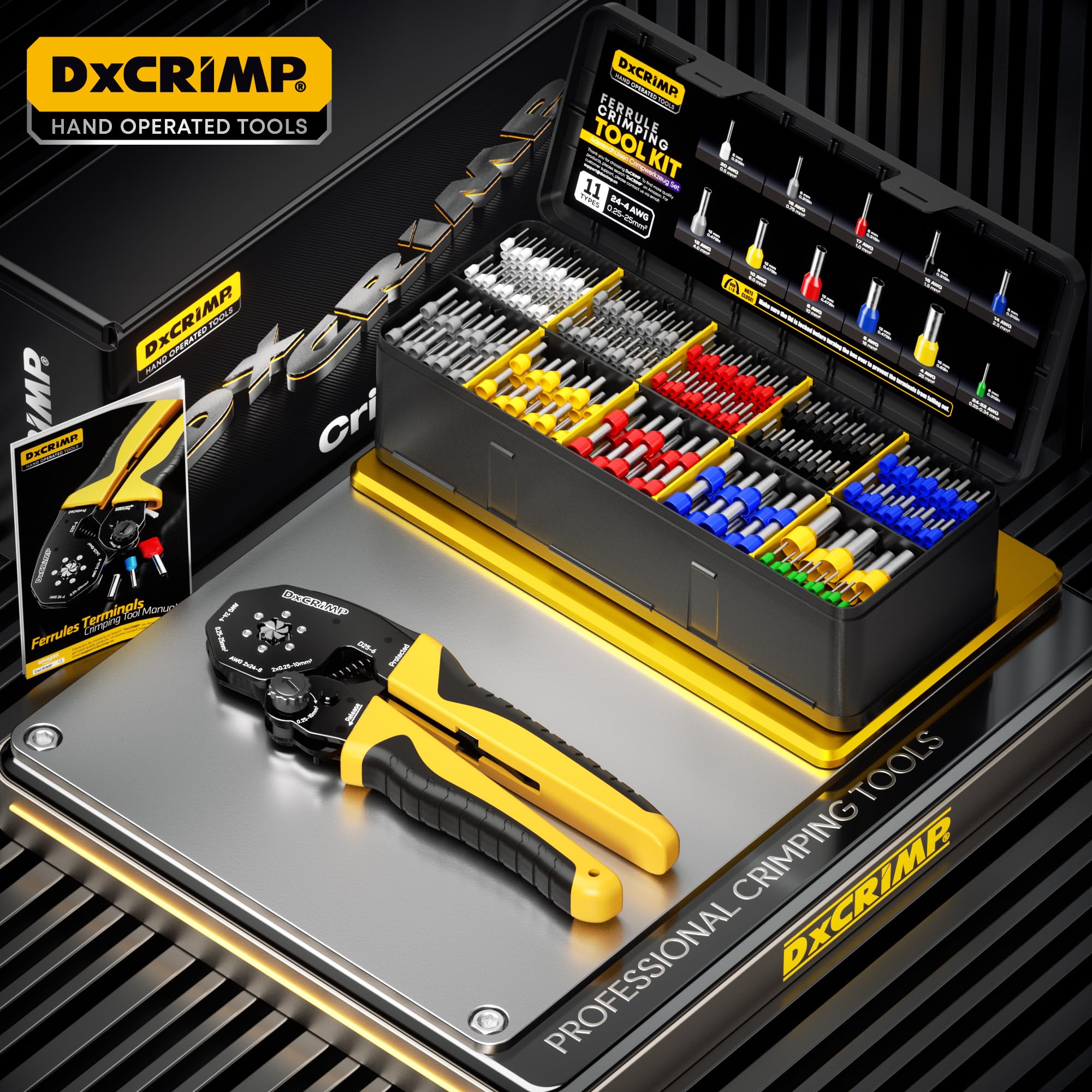 Kit de Crimpadora de Punteras Huecas 0,25-25 mm² (AWG 24-4) - Surtido 11 Tipos de Terminales - Alicates para Electricistas