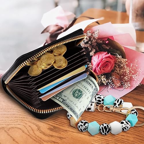 Vista 9 de SHERCHPRY Billetera con estampado de vaca con llavero de pulsera, llavero con cremallera, llavero pulsera cartera cartera, llavero de piel