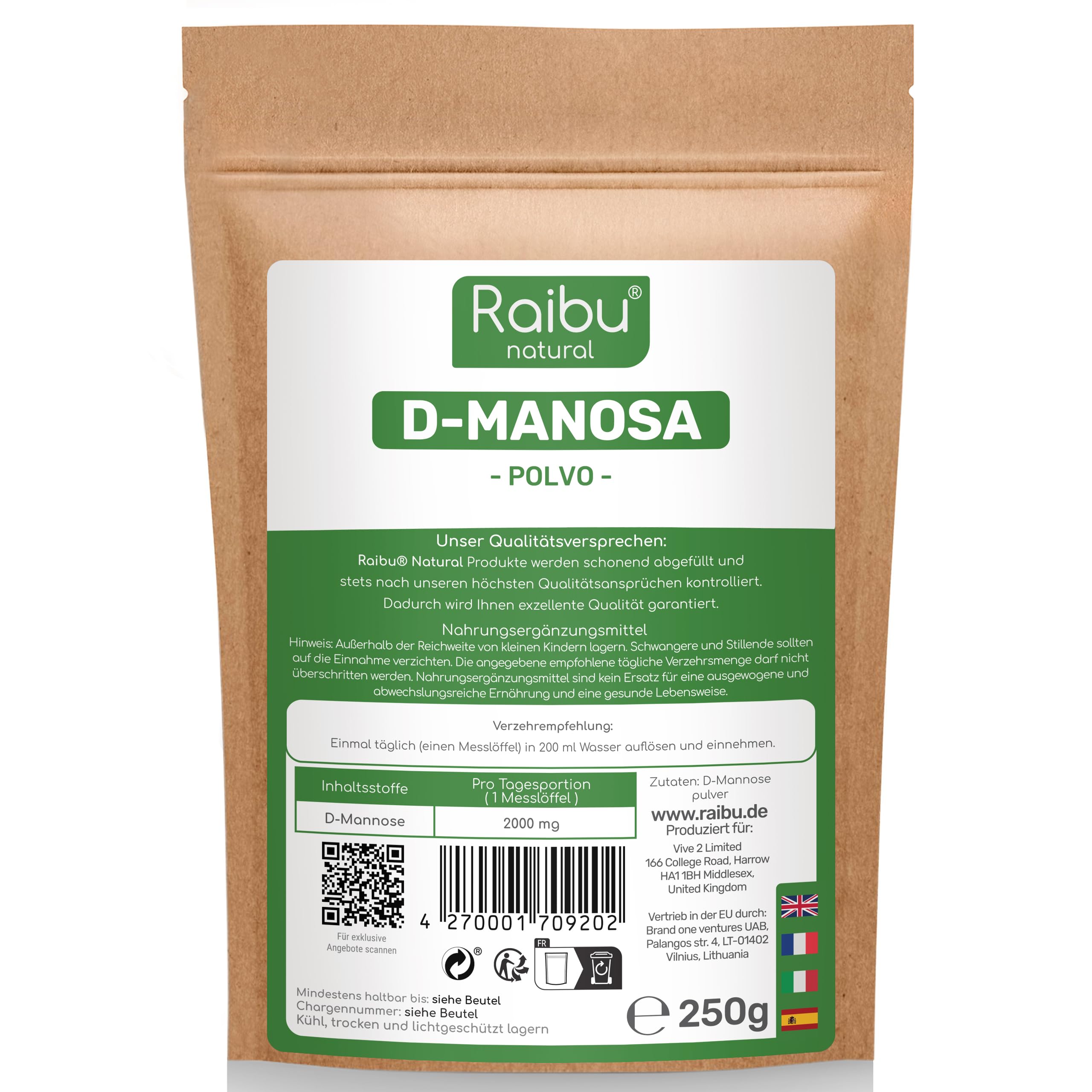 RAIBU Polvo de D Manosa 250g - Polvo de D-Manosa envasado y verificado por laboratorio en Alemania I Natural, Vegano,Sin Aditivos I Incluye Cucharita Dosificadora