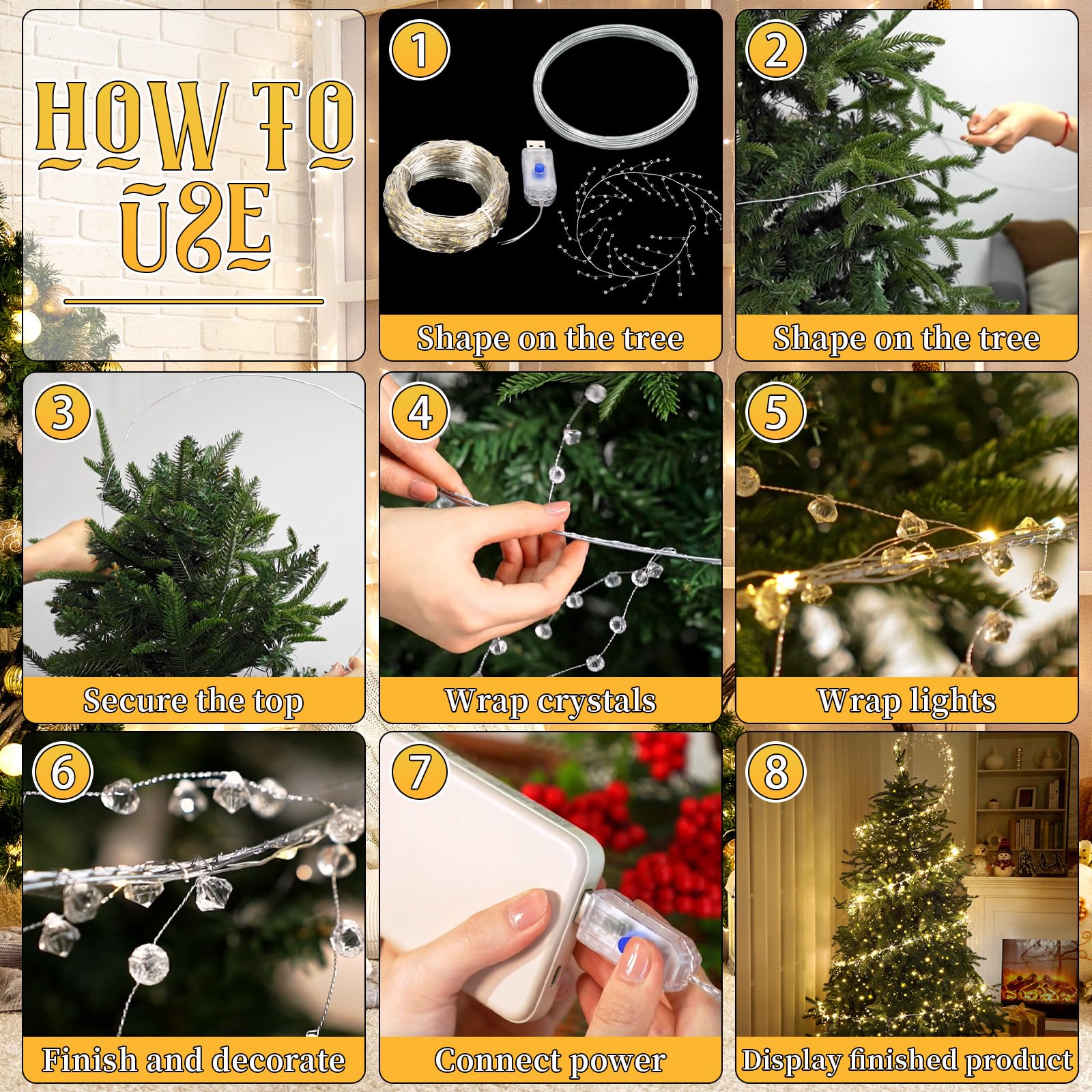 Glooglitter Décoration de sapin de Noël, guirlande lumineuse en cristal de 29,9 m, 300 LED en fil de cuivre avec ornements en forme de goutte, décoration scintillante pour Noël d'hiver et d'intérieur
