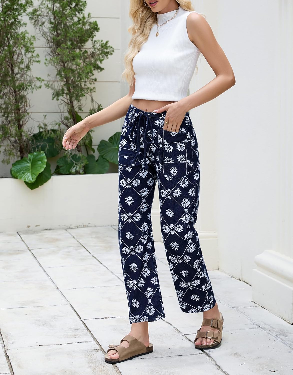 Kedera Women Printed Barrel Jeans High Waist Drawstring Denim Pants Wide Leg Printed Horseshoe Jeans with Pockets