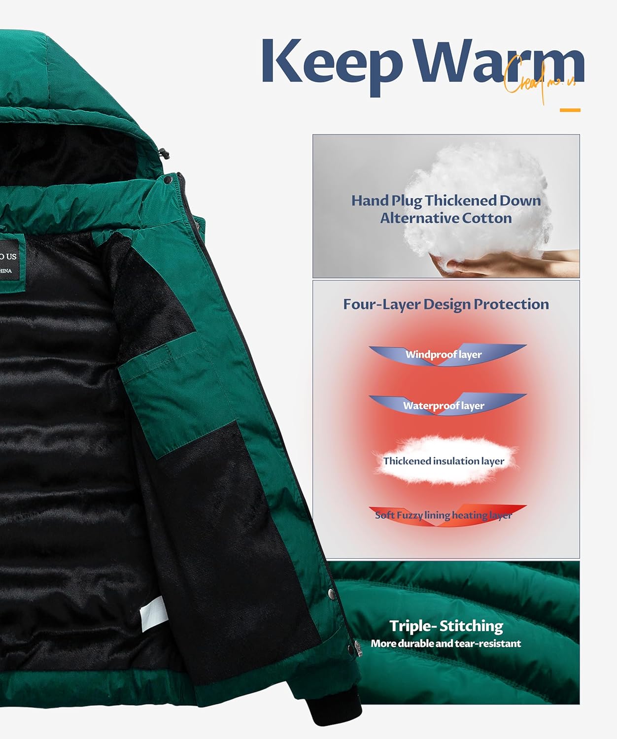 CREATMO US Women's Warm Winter Coat Waterproof Ski Jacket Padded Puffy Overcoat With Detachable Hood - Image 4