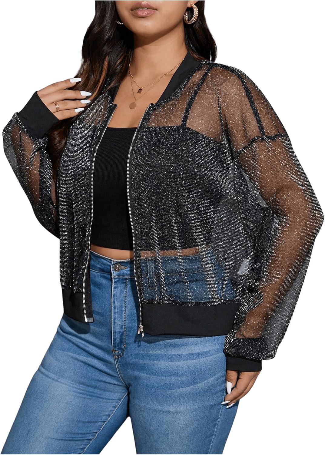 WDIRARA Women's Plus Size Sheer Mesh See Through Bomber Jacket Zip Front Long Sleeve Outerwear