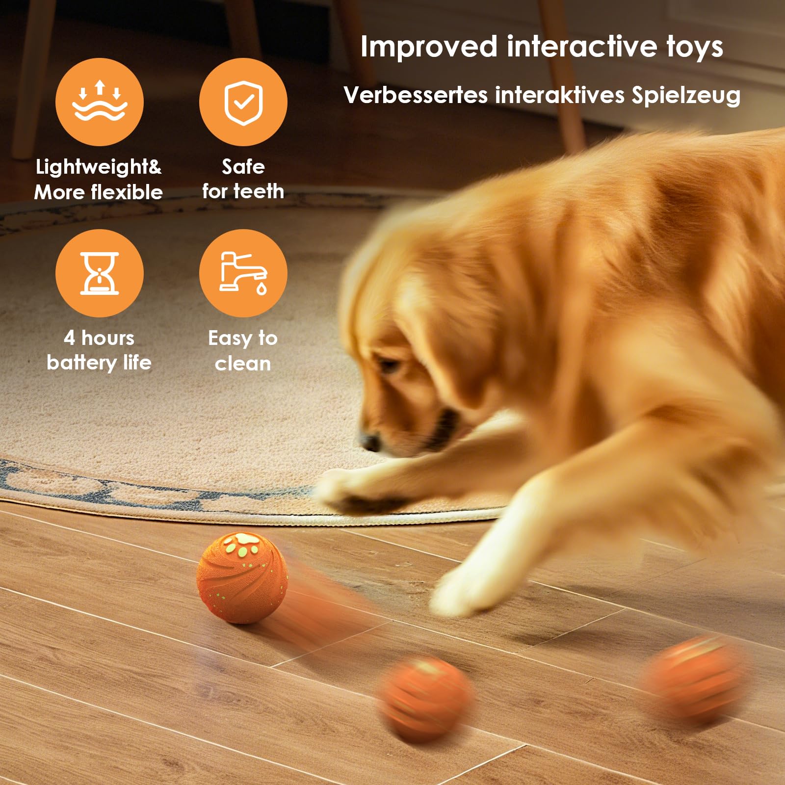 VNAKIO Jouet interactif pour chien - Jouet intelligent pour chien - Cadeau d'anniversaire - Rechargeable par USB - Orange