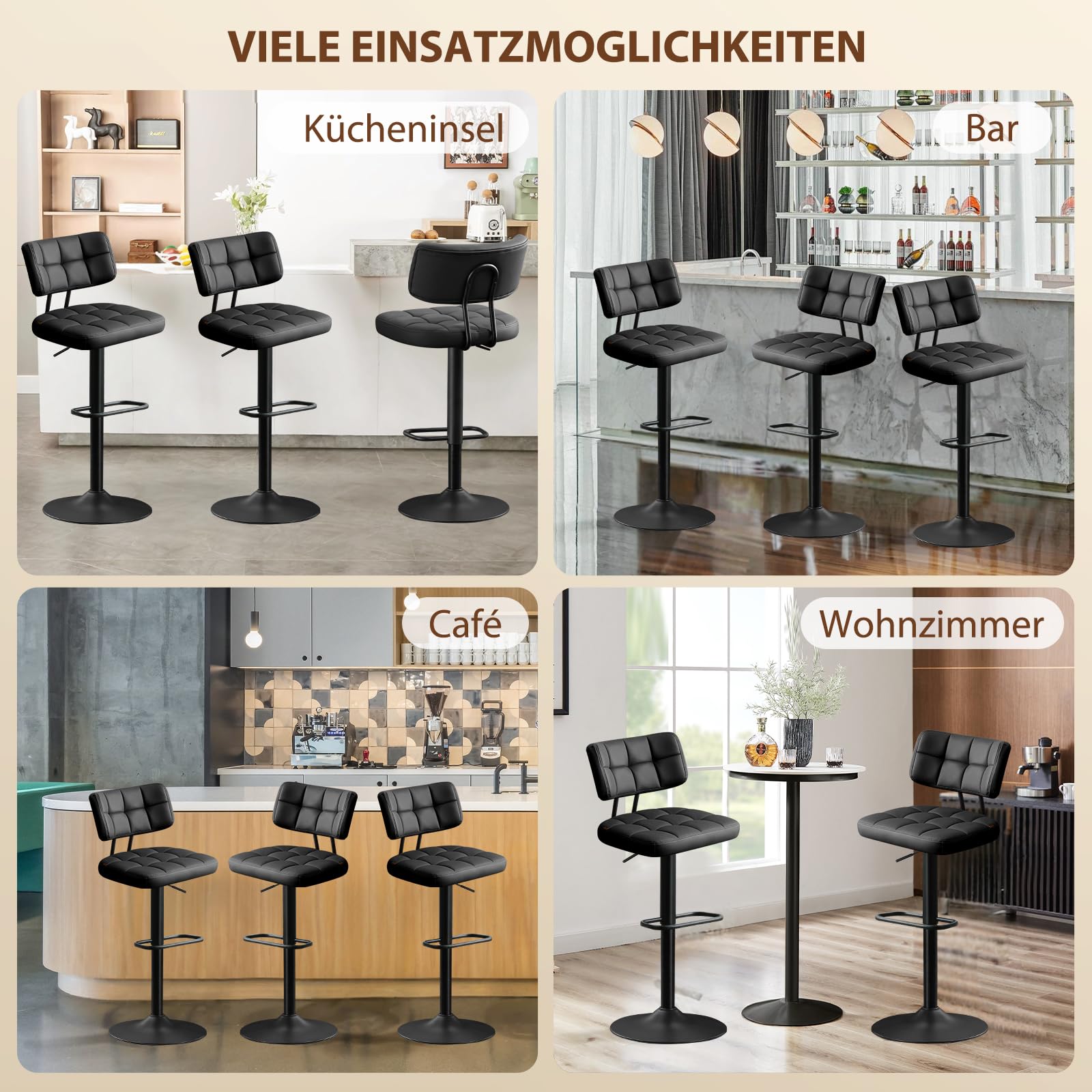 Barhocker 2er Set, Barstuhl höhenverstellbar aus PU-Leder, 360°Drehstuhl Küchenstuhl mit Rückenlehne und Fußstütze für Küche, Wohnzimmer, Esszimmer, Schwarz