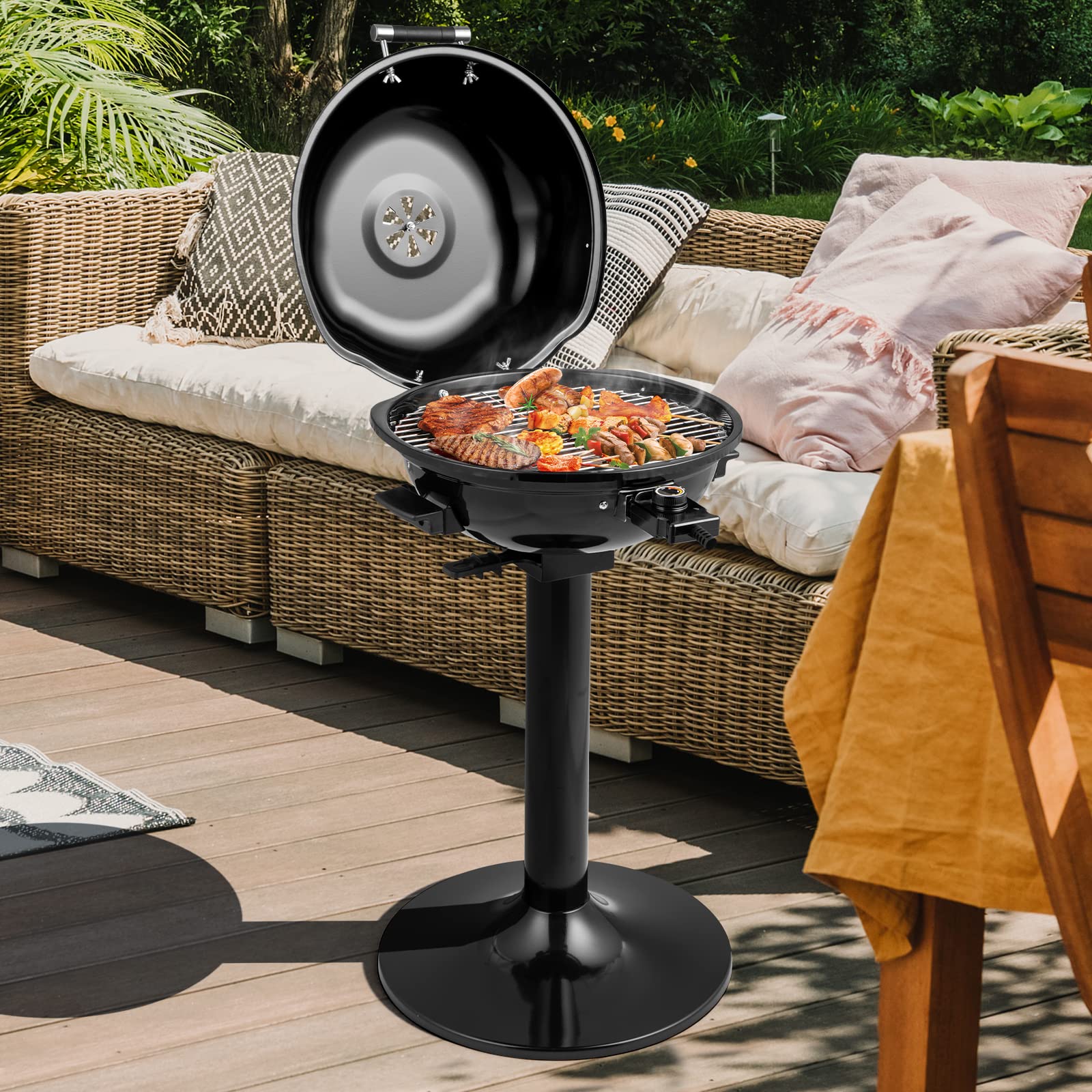GOPLUS Barbecue Electrique sur Pied φ44CM, 1600W, Température Réglable de 93-218℃, Chauffage Rapide, Grille de Cuisson Métallique, Bac à Graisse et Thermomètre Amovible, pour Intérieur & Extérieur