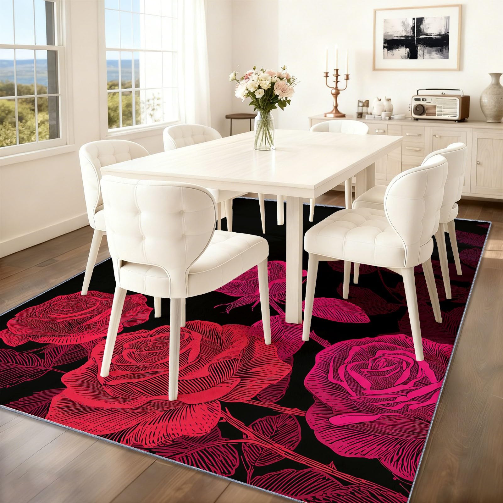 Retro Strichzeichnung floral Teppich Wohnzimmer 80x150cm, rutschfest Kurzflor Kunstwolle Schlafzimmer Teppich, Waschbar rosa schwarz Bettvorleger Teppiche für Wohnzimmer Schlafzimmer