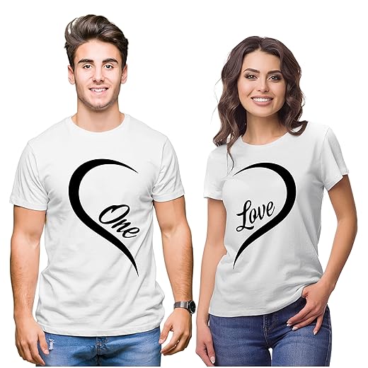 Hangout Hub Hangout-Hub-NP21 Couple Tshirts for Couples | Printed One Love Heart T-Shirts | Men's and Women's Round Neck T-Shirt (Pack of 2, Cotton)