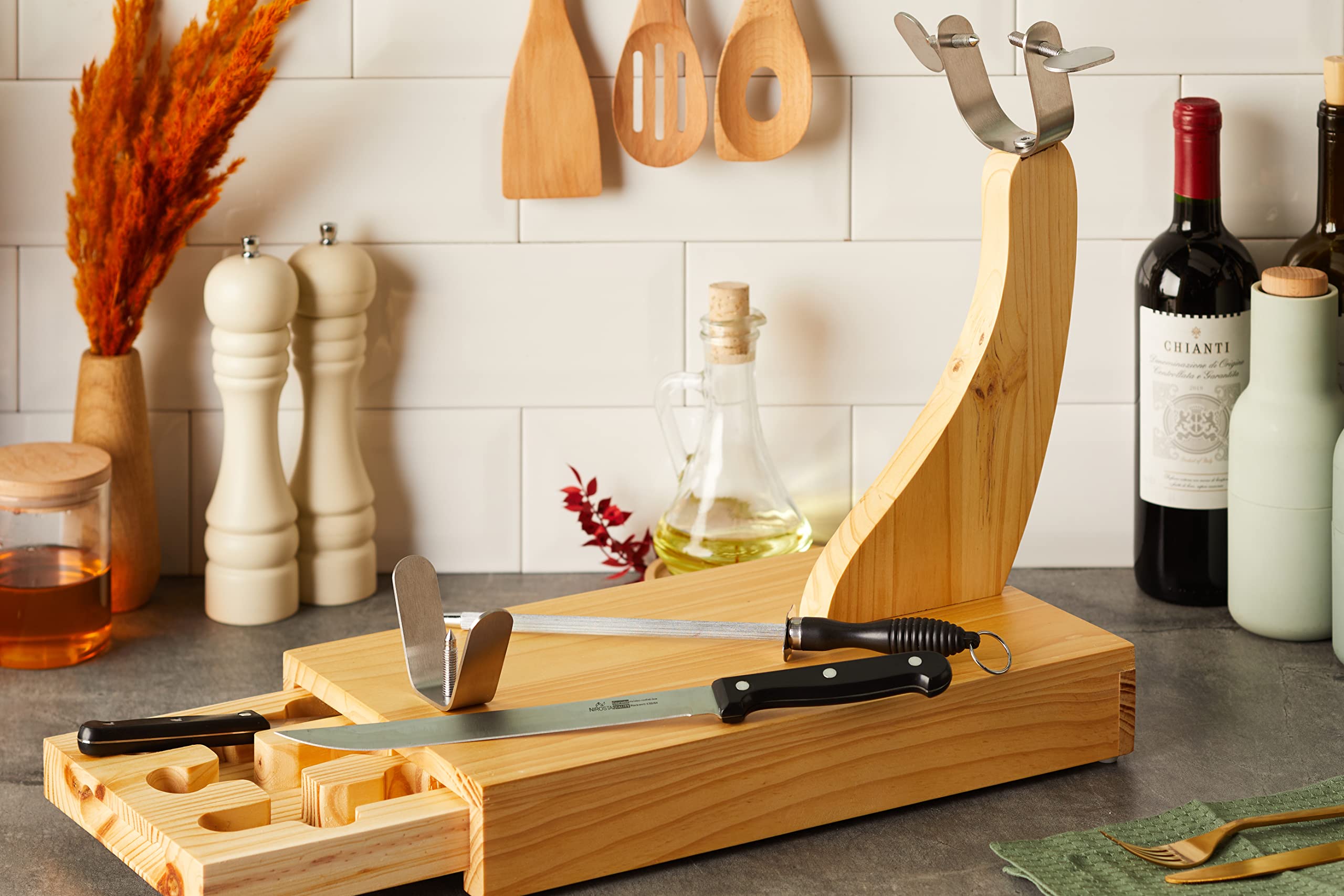 Fackelmann Schinkenhalter aus Holz, mit Schubfach und Messern
