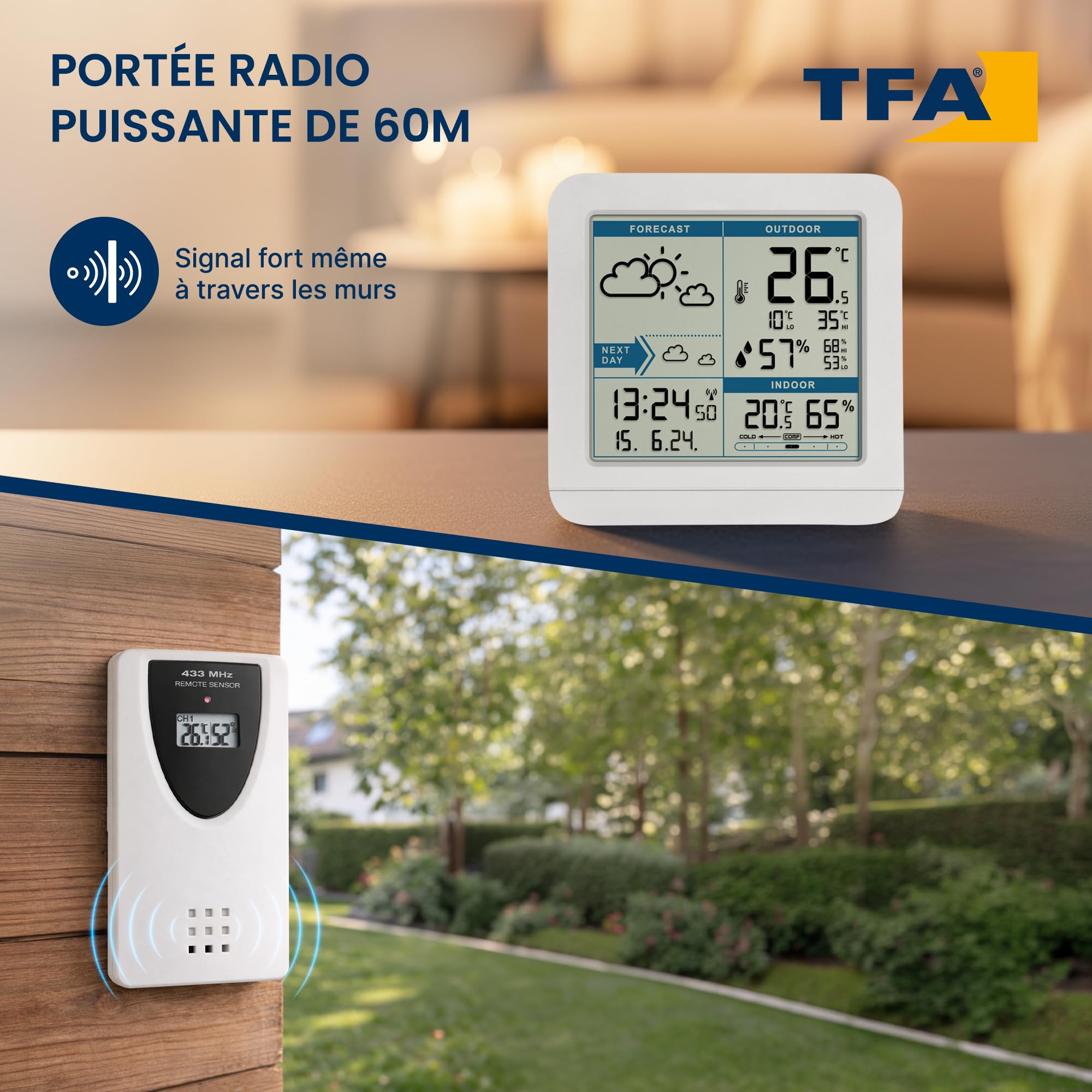 TFA Dostmann Station météo numérique SKY, 35.1152.02, Station météo avec capteur extérieur sans fil, Prévisions météo, Symbole forestier, Température intérieure/extérieure, blanc